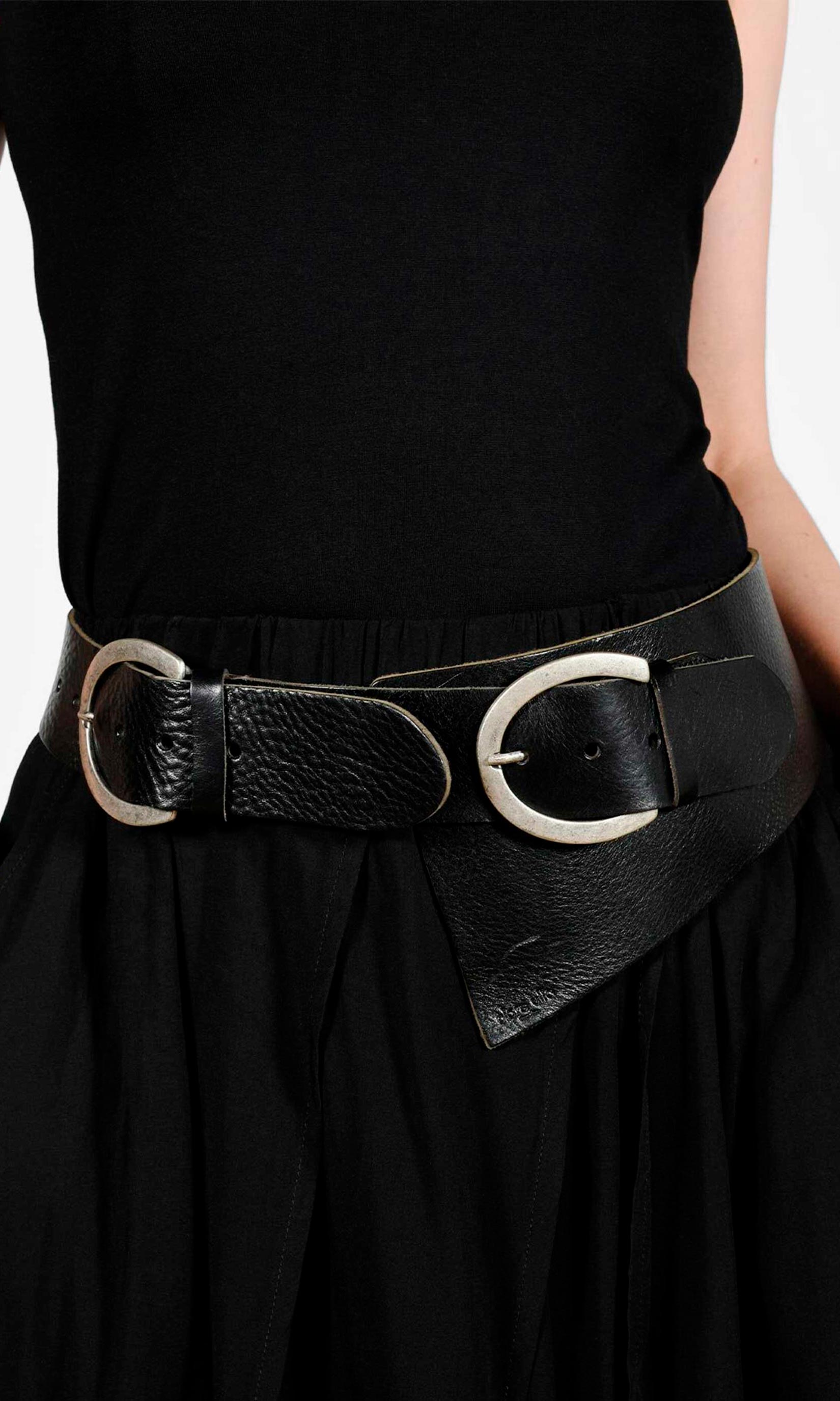 Asymmetrical leather belt with two buckles