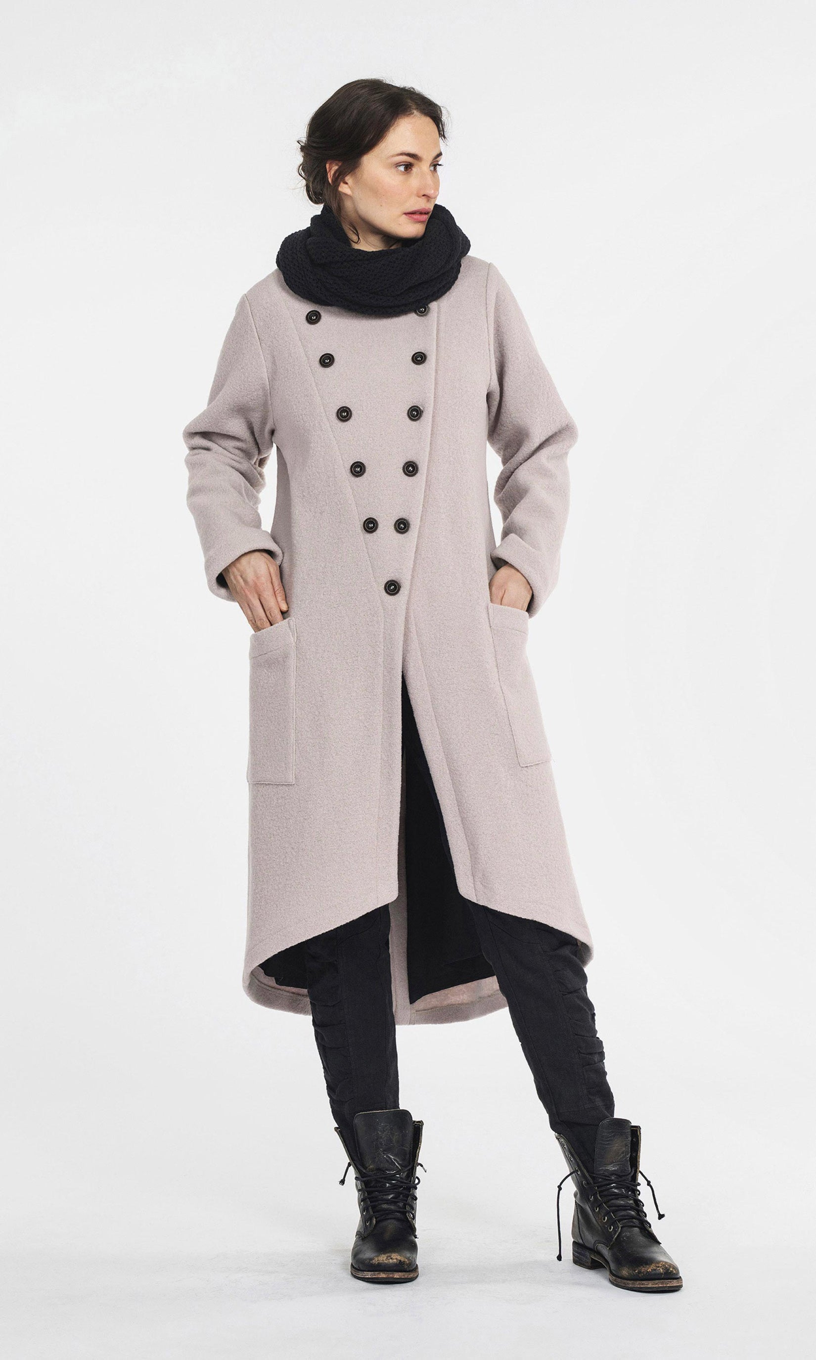 Lined wool coat with decorative slanted front closure