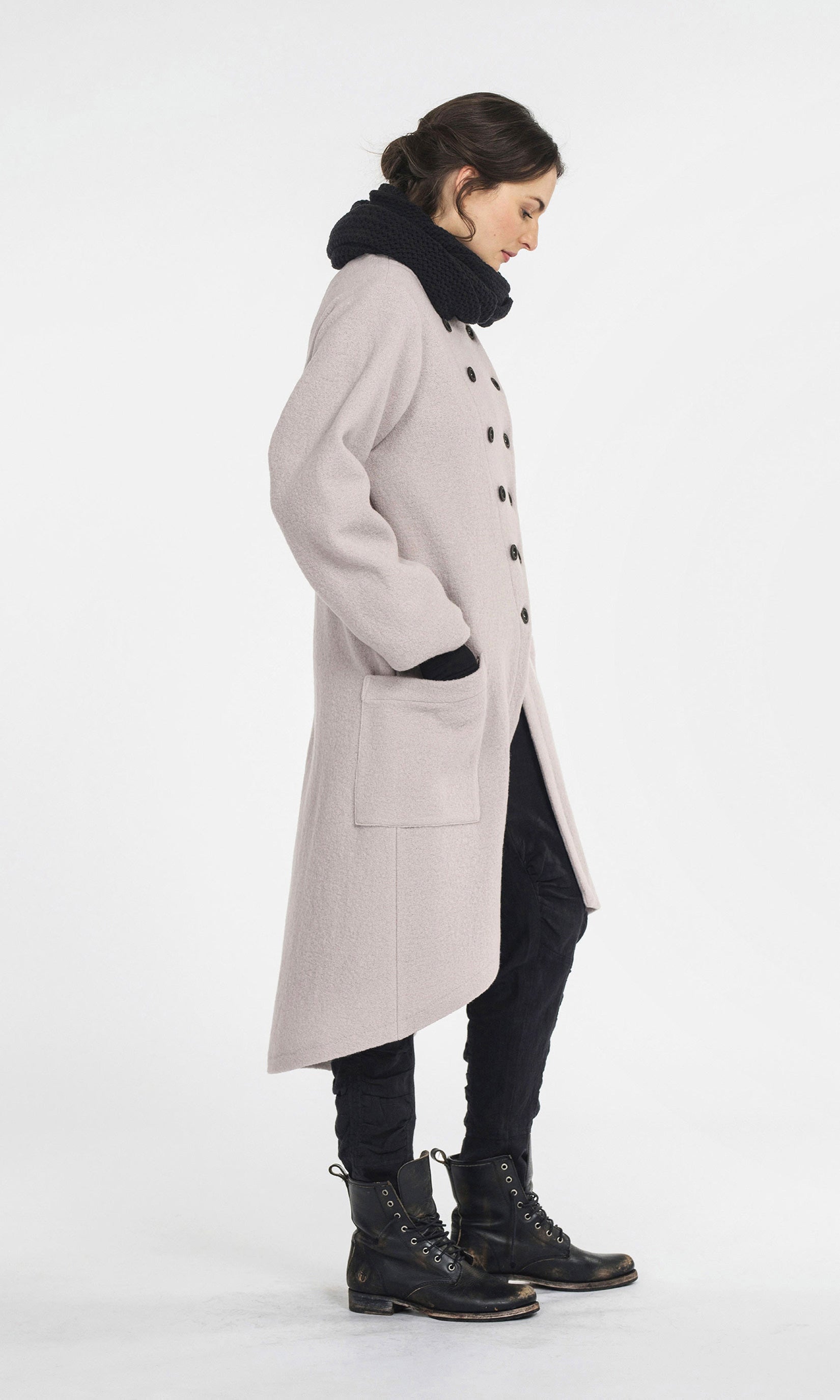 Lined wool coat with decorative slanted front closure