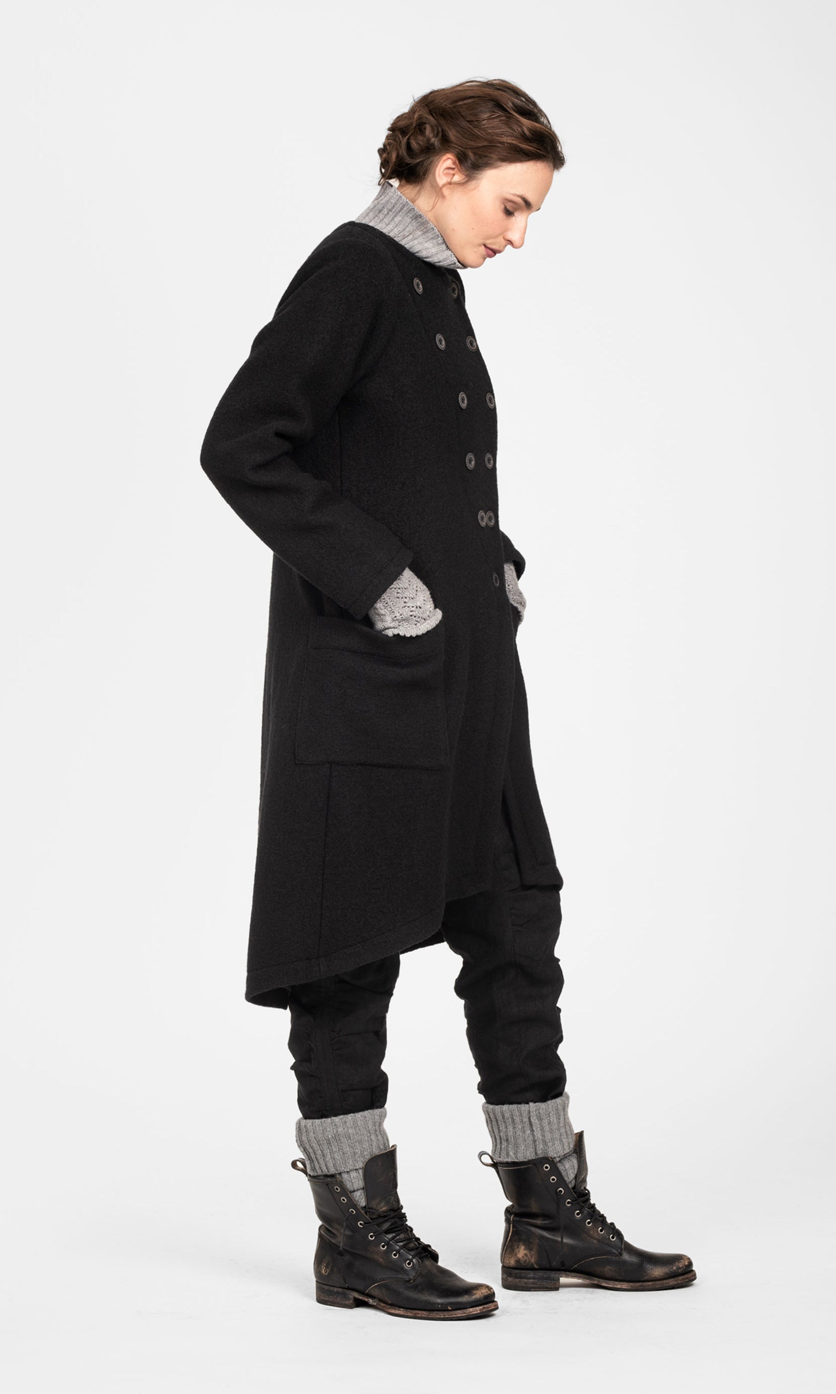 Lined wool coat with decorative slanted front closure
