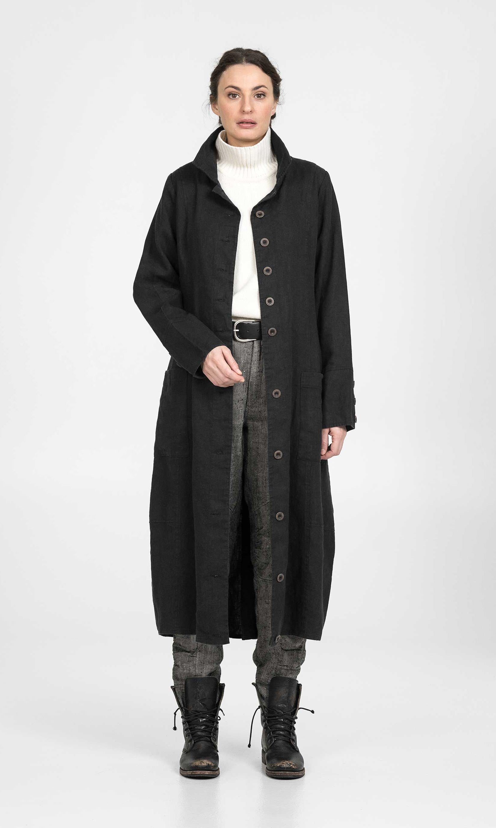 Long linen coat with balloon skirt