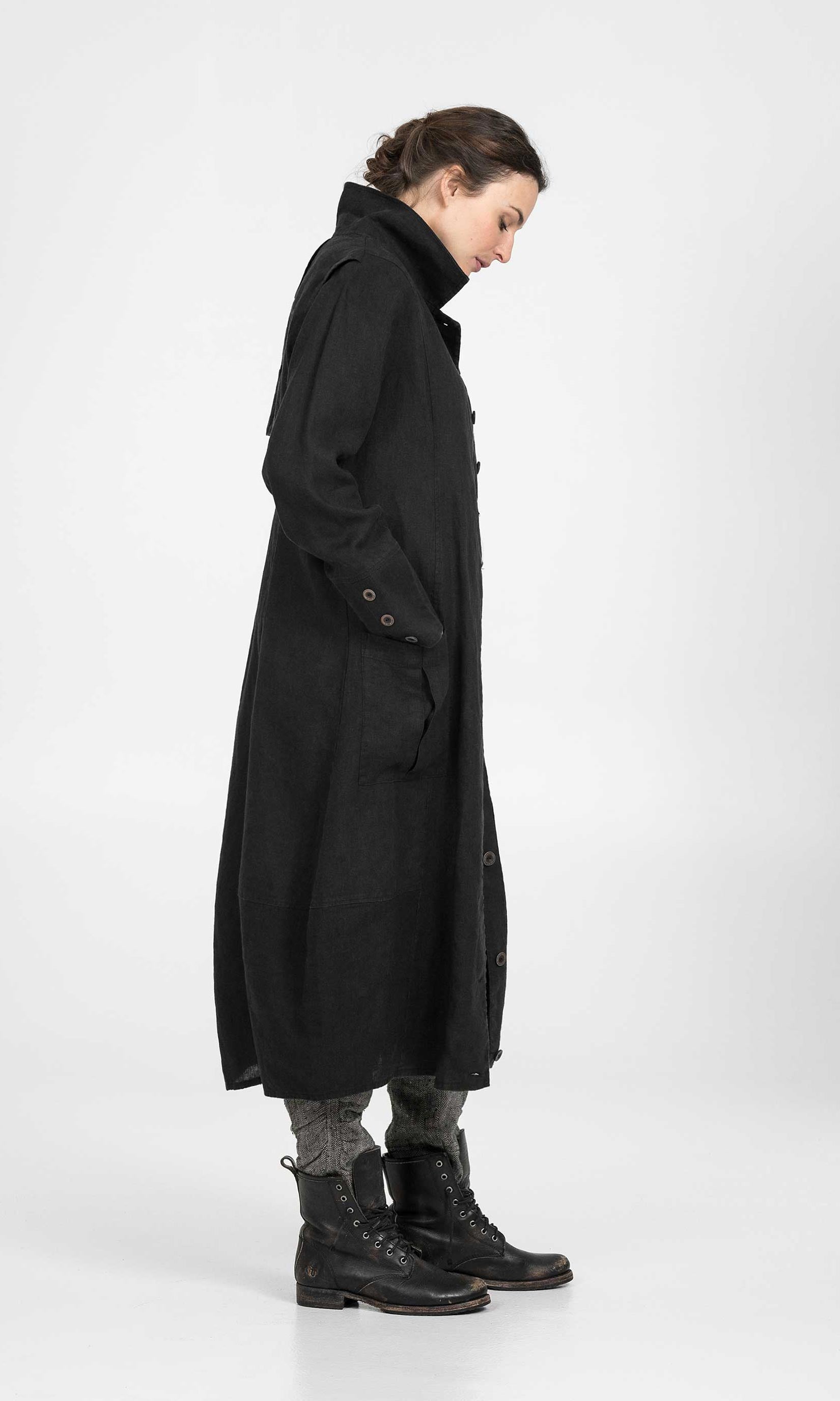 Long linen coat with balloon skirt