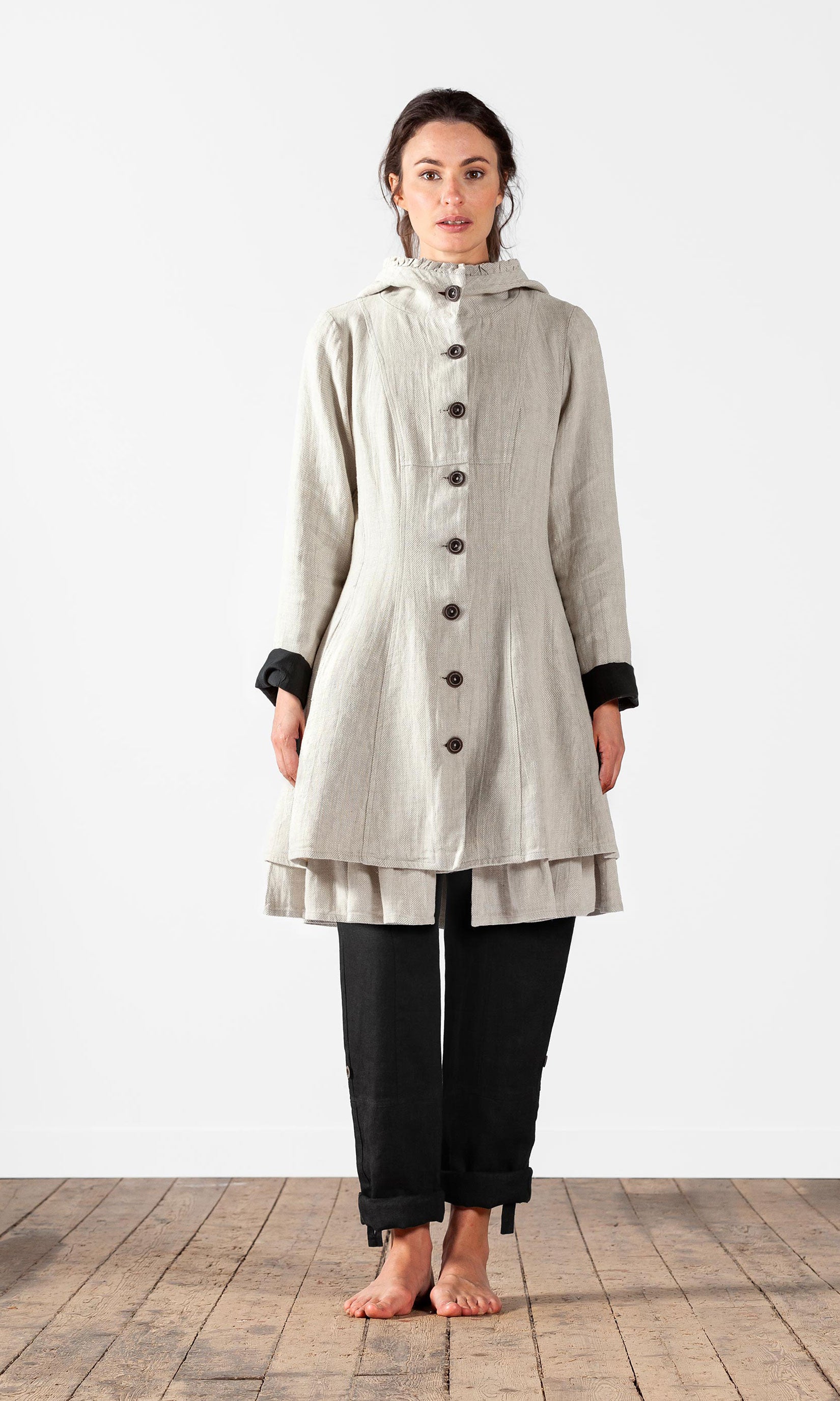 Lined linen jacket with ruffles and hood
