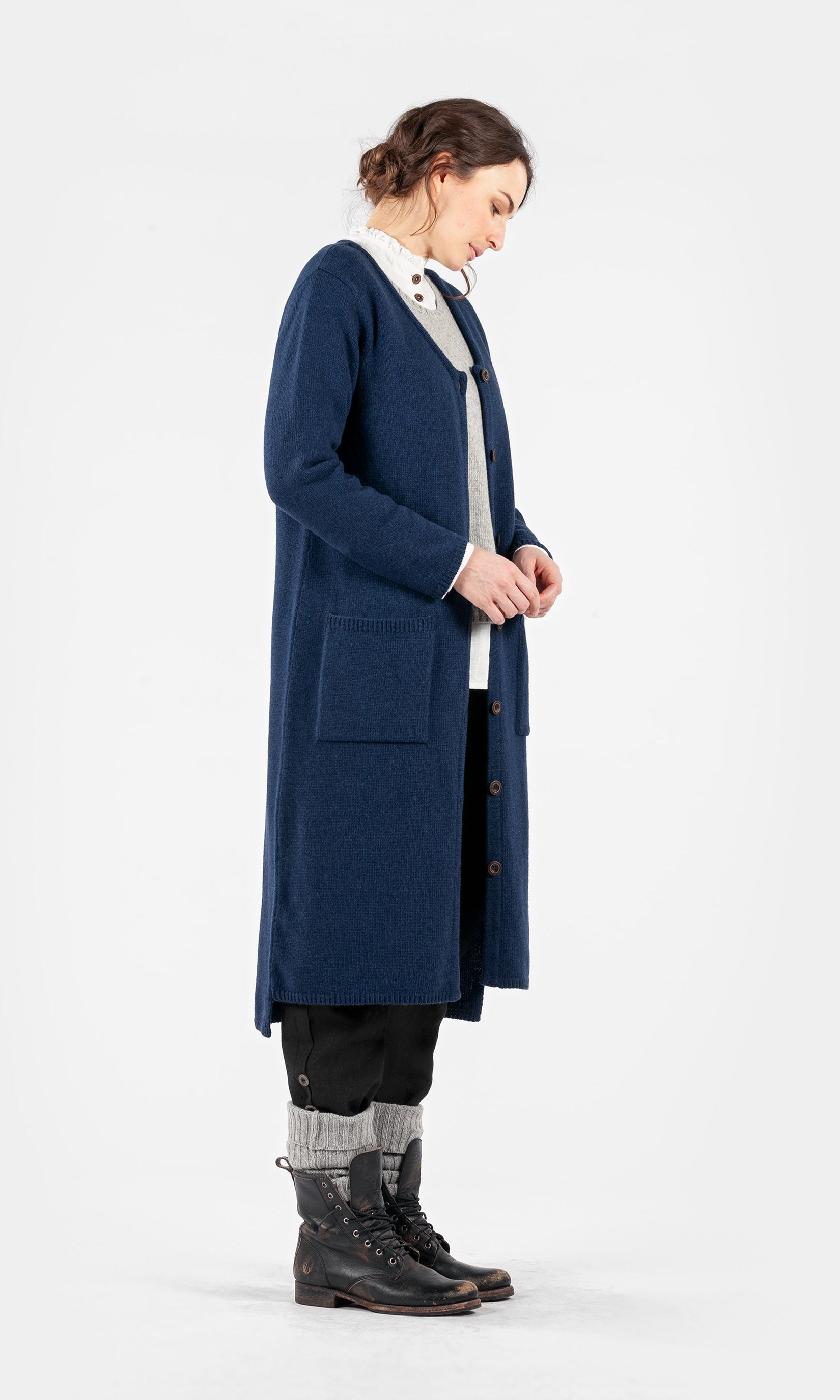 Long wool cardigan with full button closure