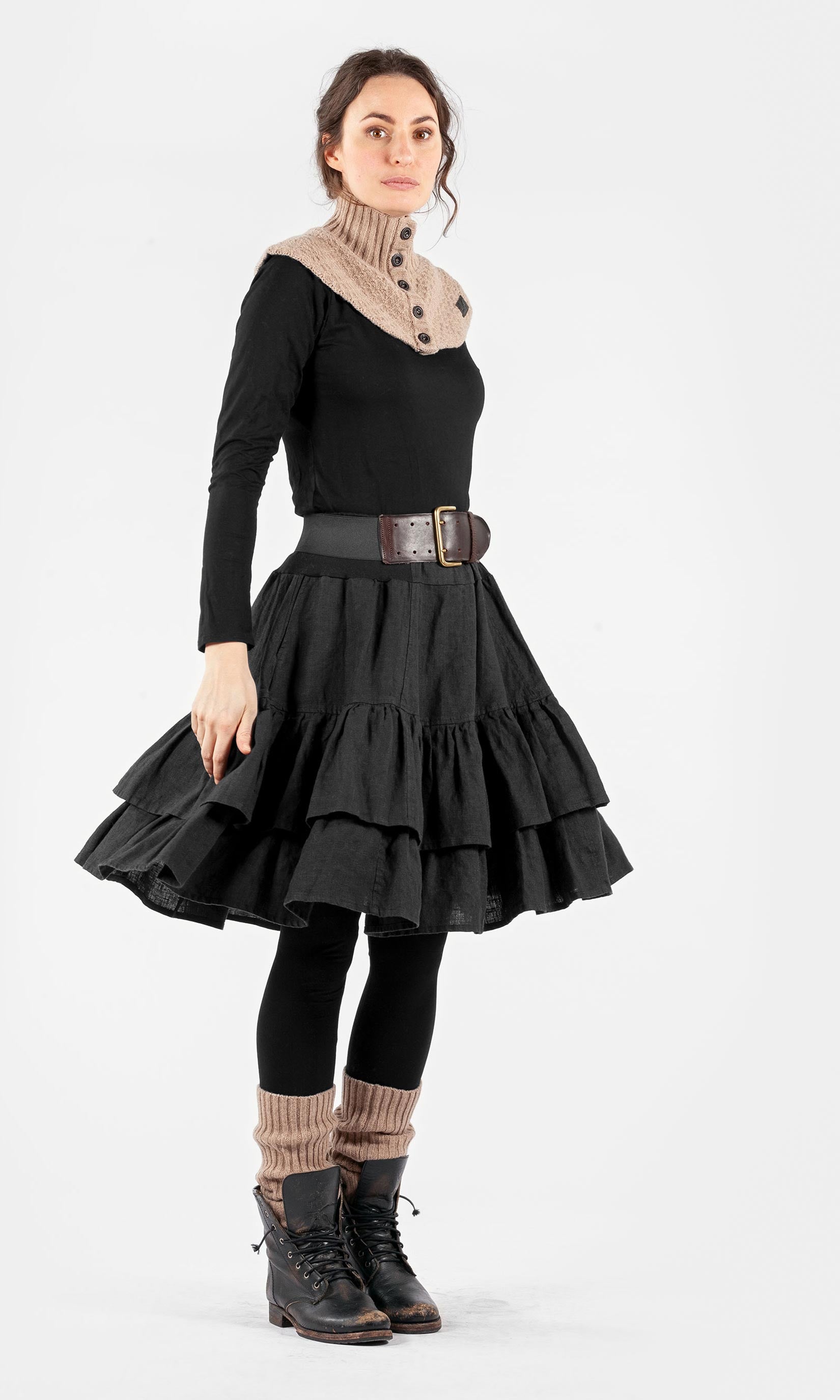 Knielang Leinenrock mit Rüschen