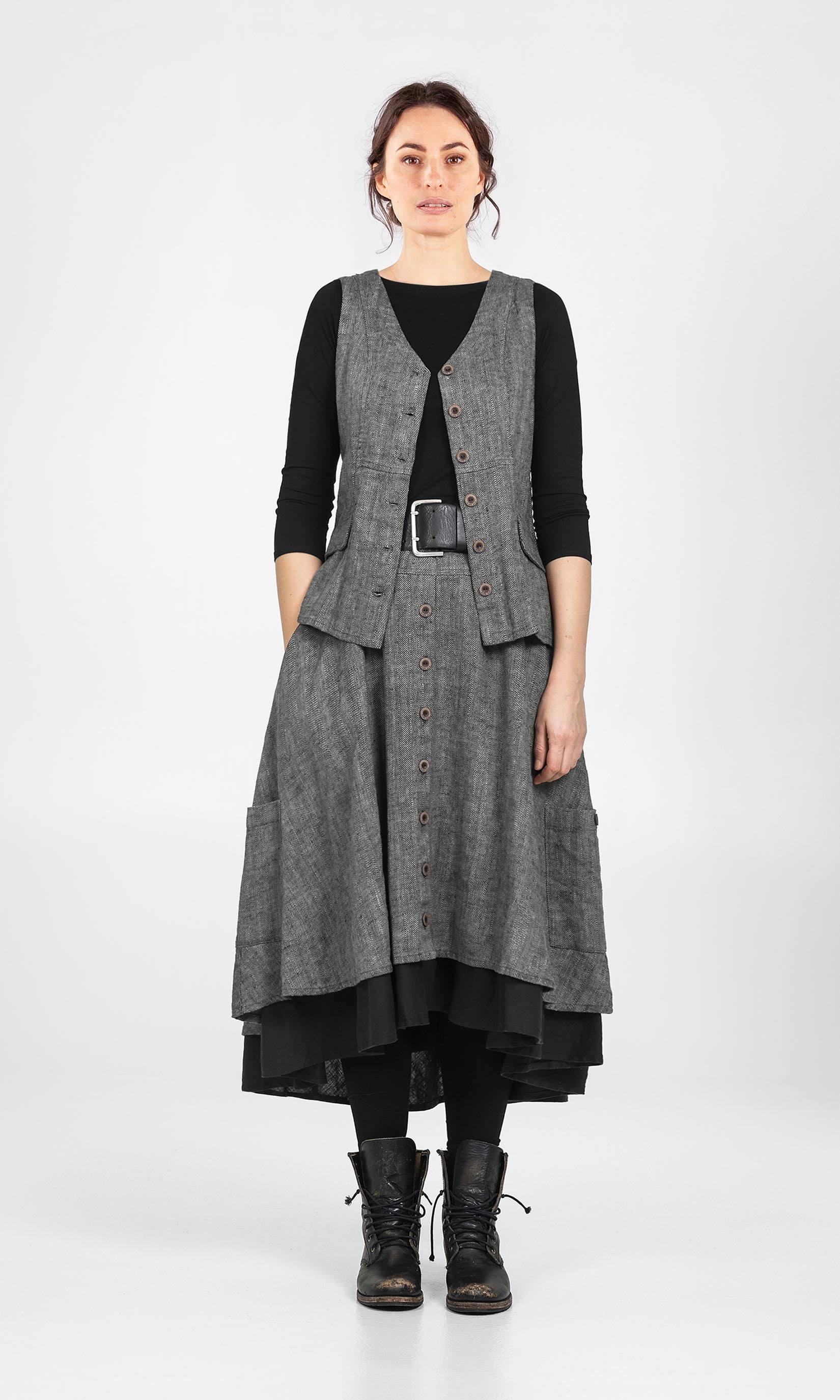 Langer Leinenrock in Doppellagen mit Knopfleiste vorne