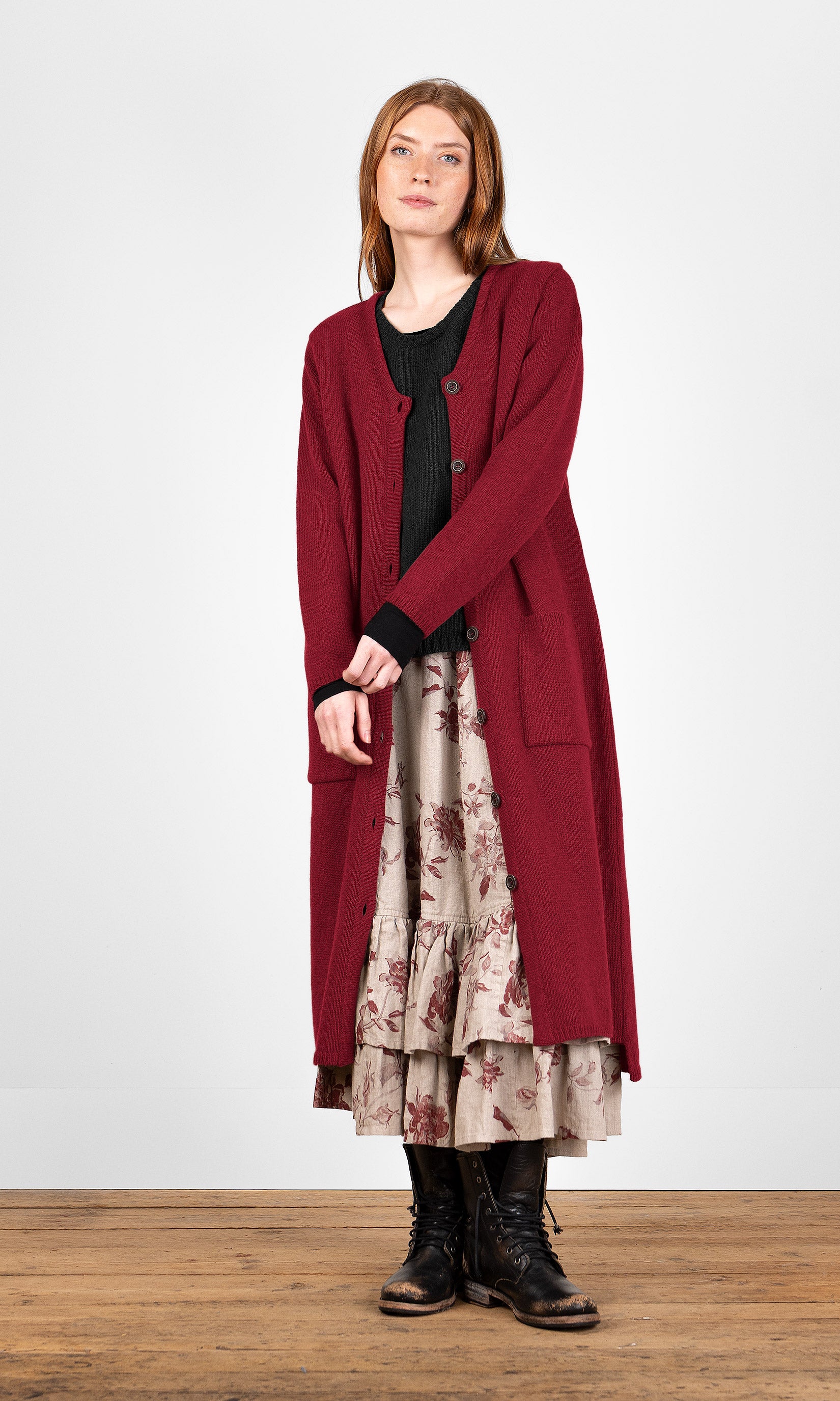 Long knitted wool cardigan with a V-neckline
