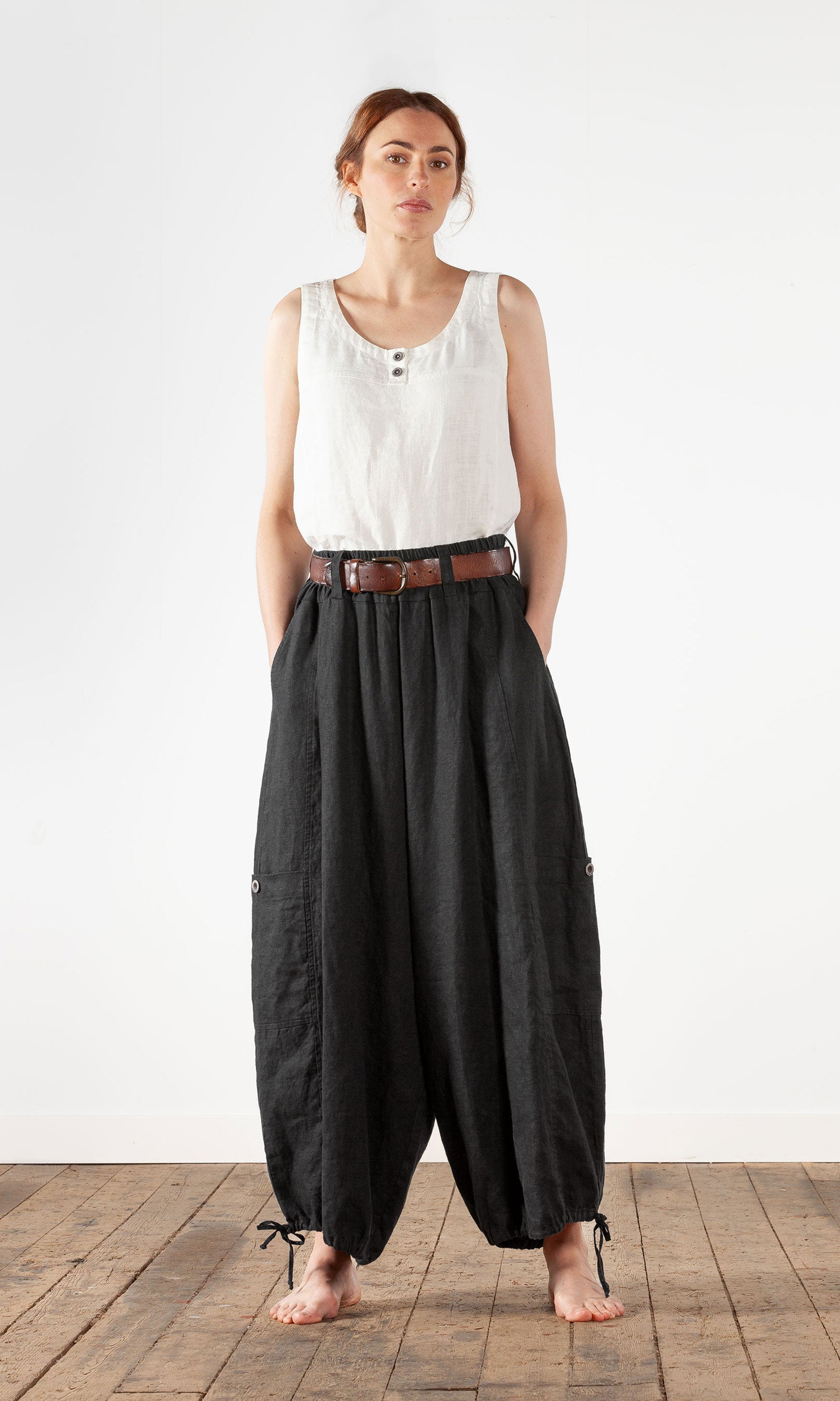 Extra wide linen trousers with drawstring