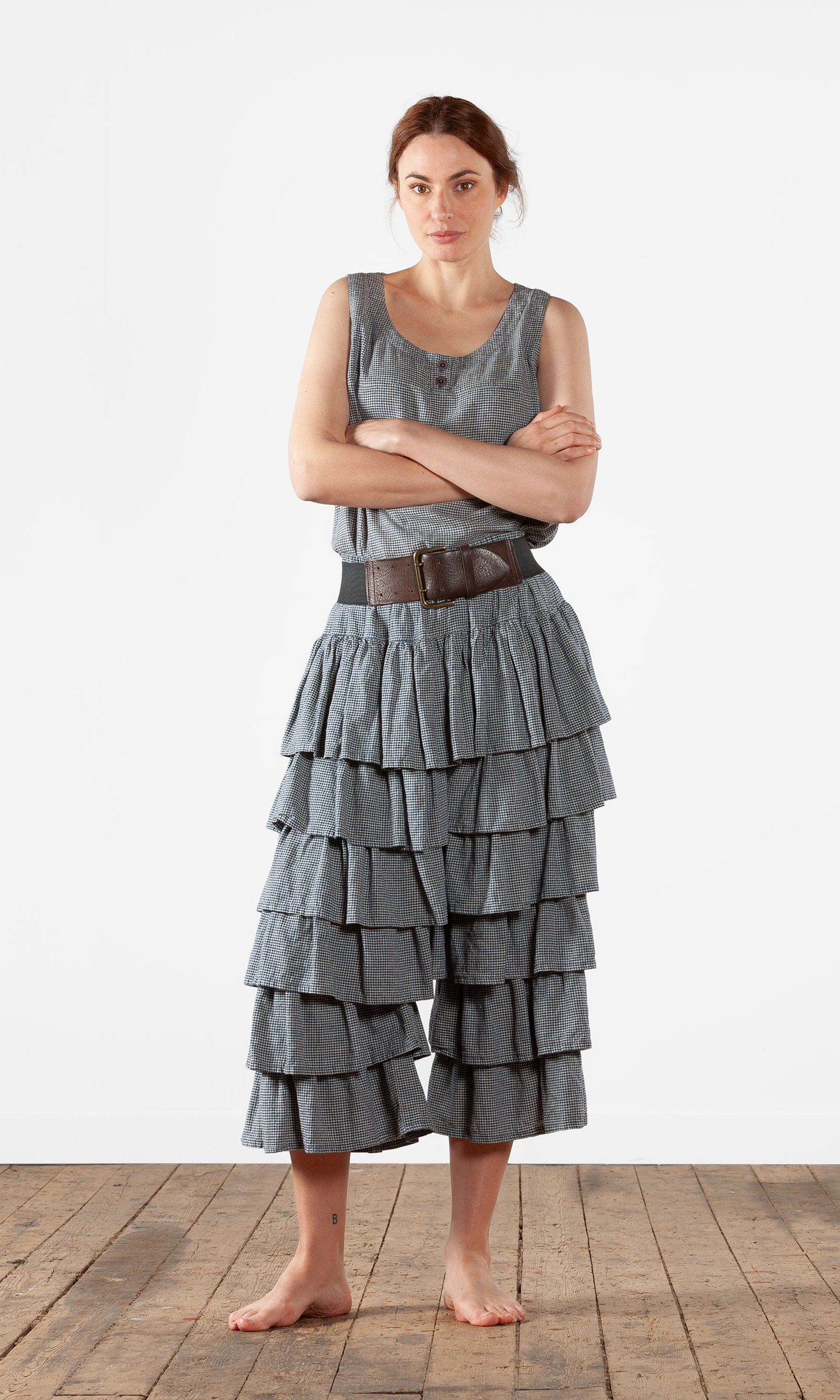 Trouser skirt with frill in layers in hemp blend