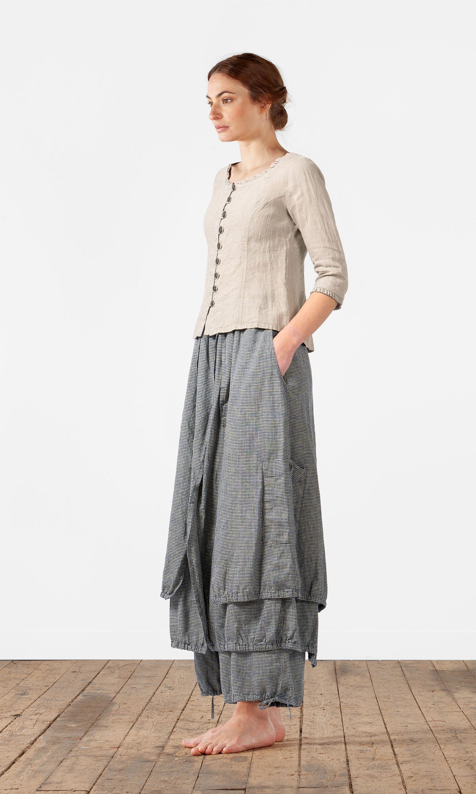 Multi-layered drawstring culotte skirt in hemp blend