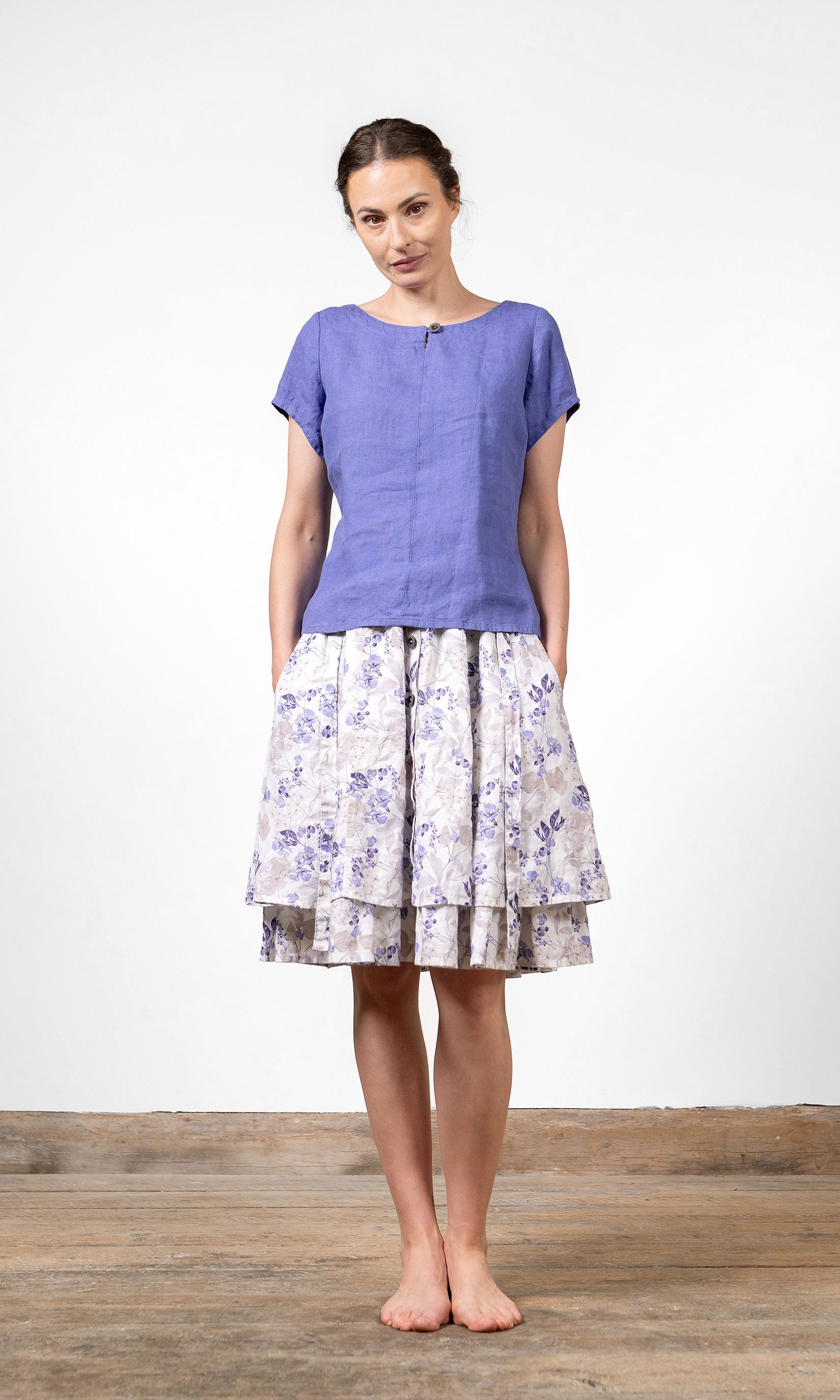 Kurzärmeliges Leinenoberteil mit lockerer Passform und rundem Halsausschnitt