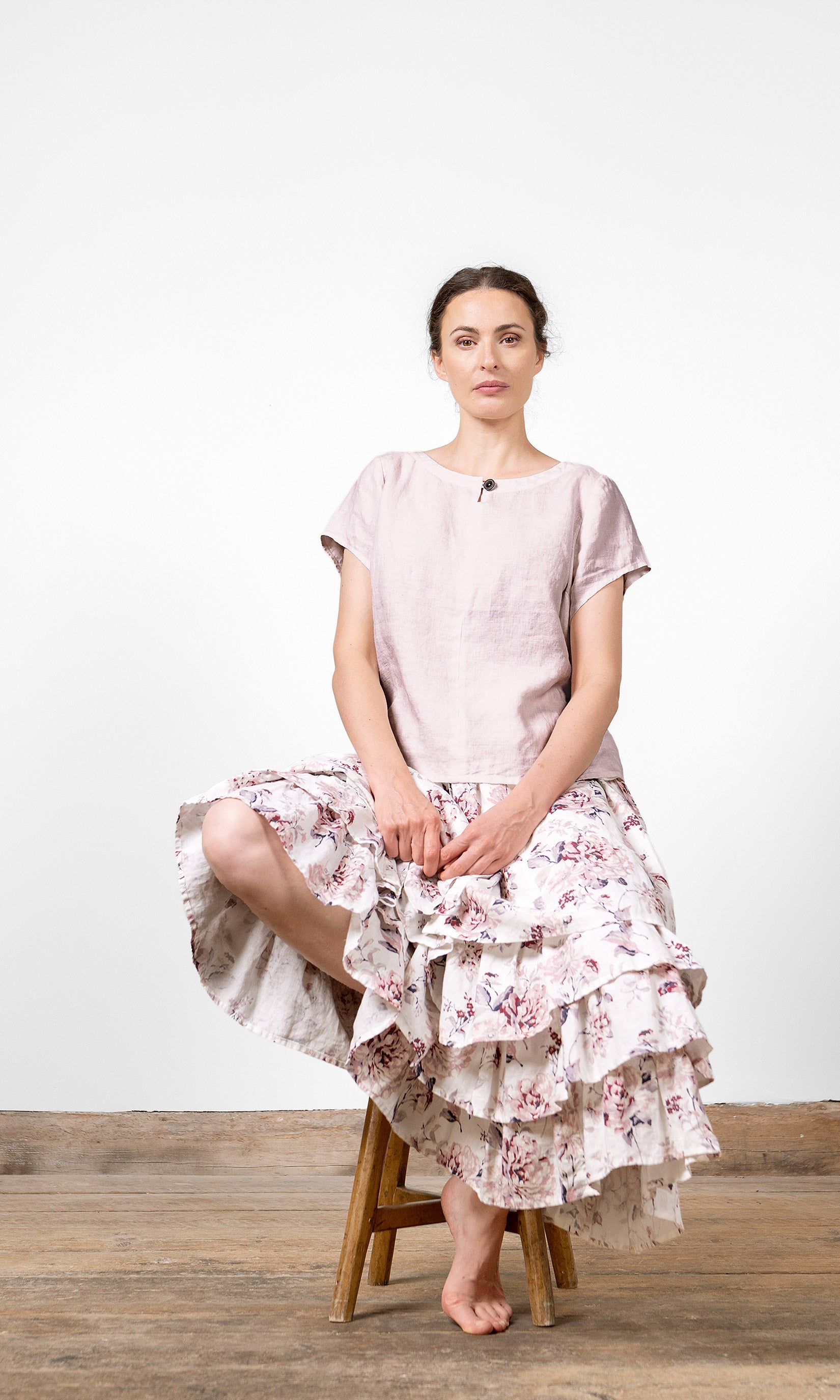 Kurzärmeliges Leinenoberteil mit lockerer Passform und rundem Halsausschnitt