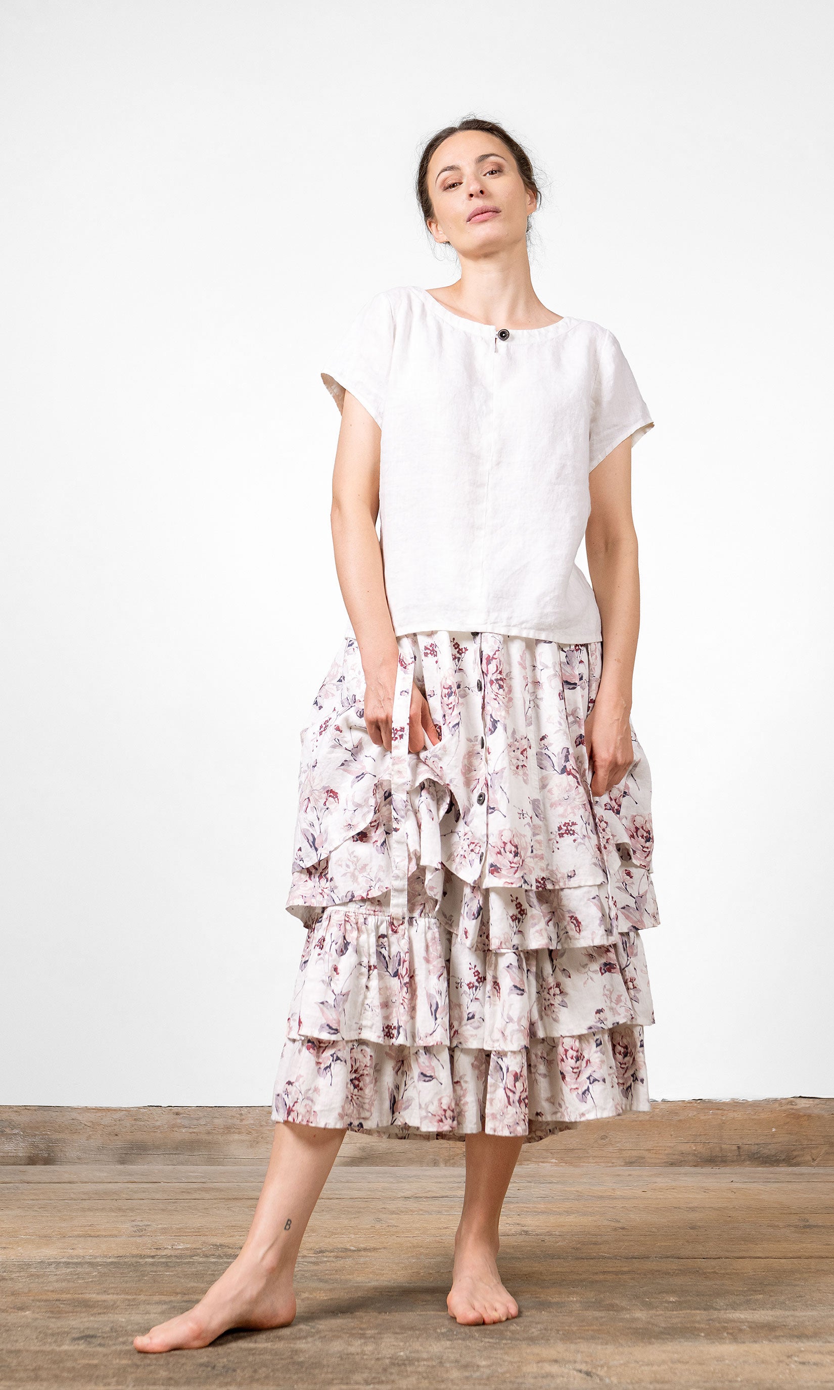 Kurzärmeliges Leinenoberteil mit lockerer Passform und rundem Halsausschnitt