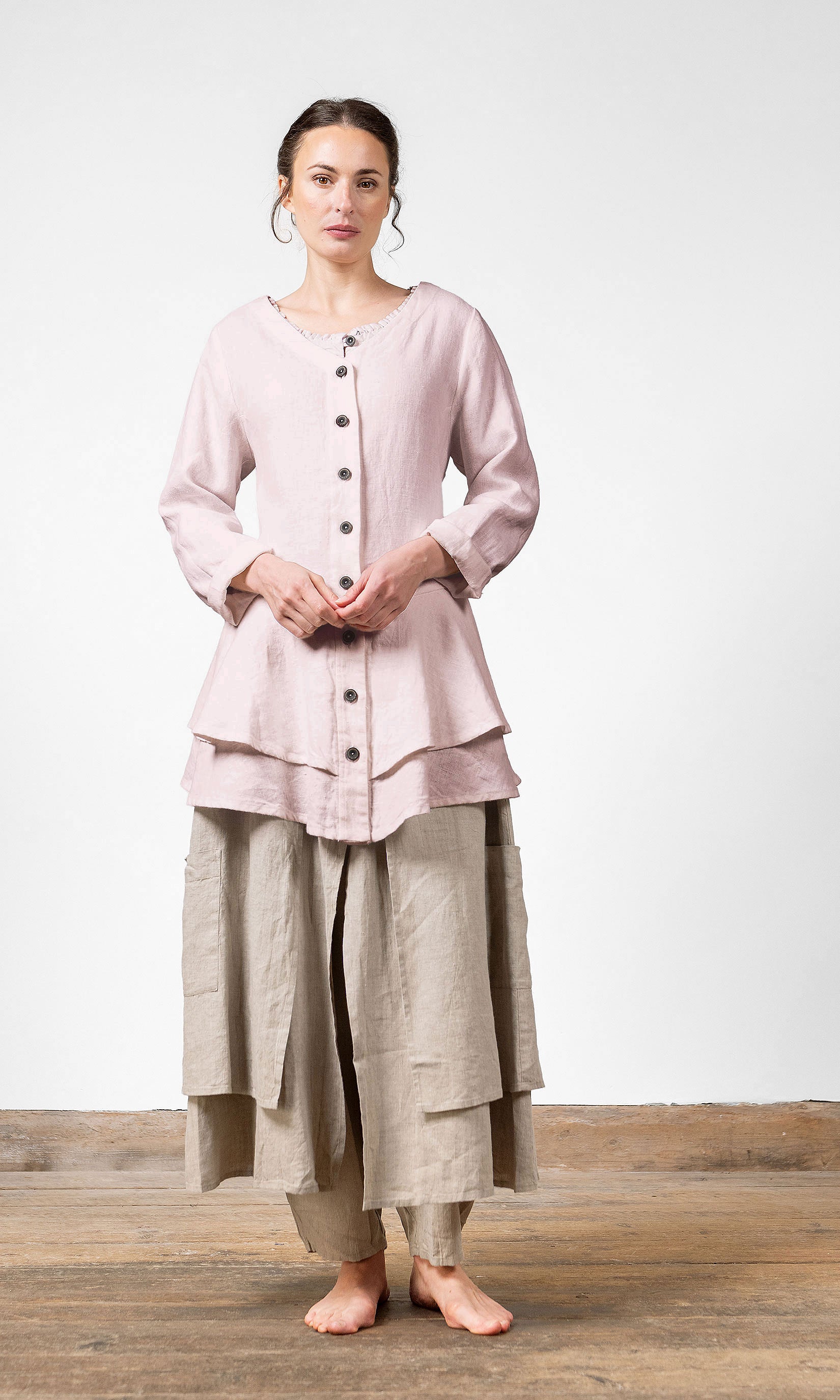 Leinenjacke mit Rüsche und V-Ausschnitt