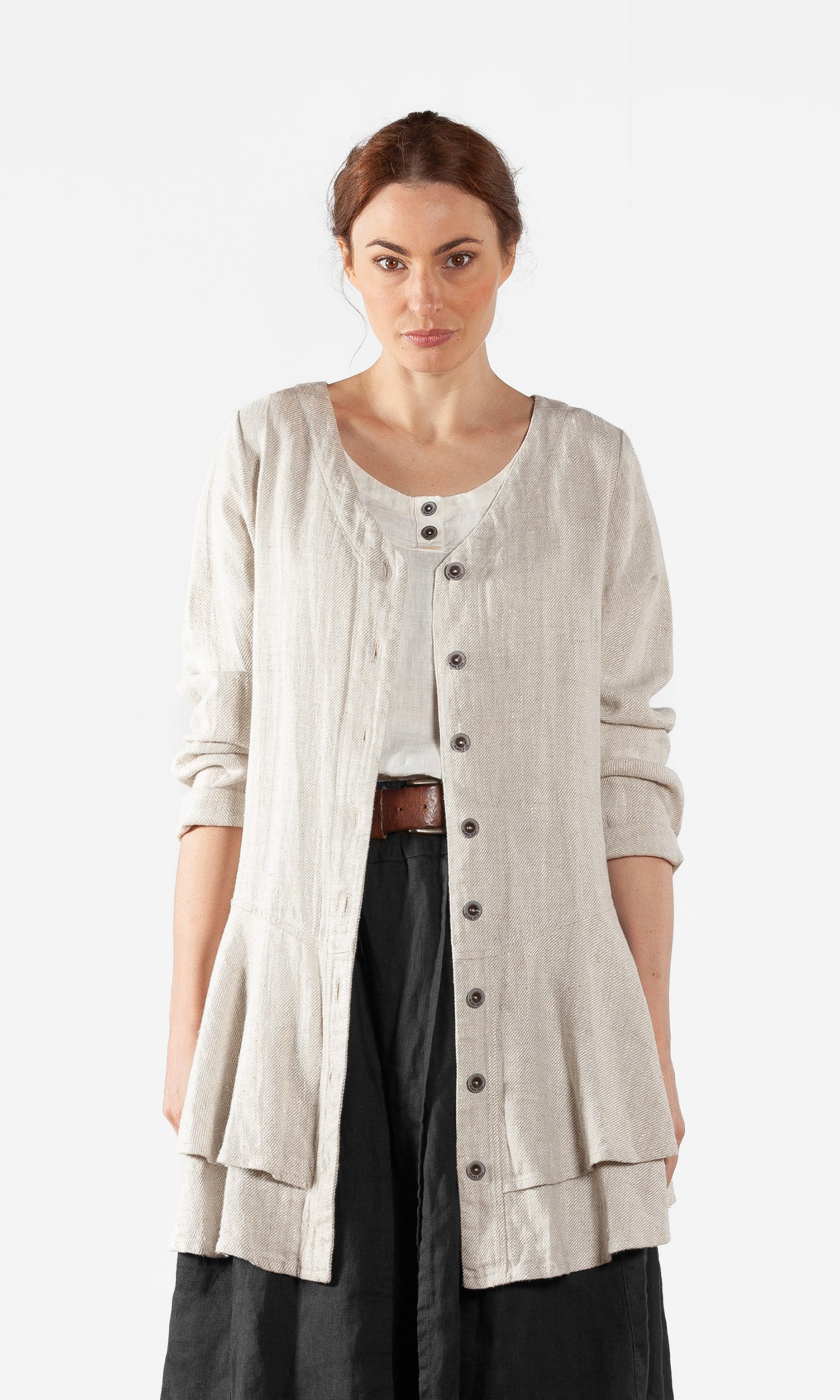 Leinenjacke mit Rüsche und V-Ausschnitt