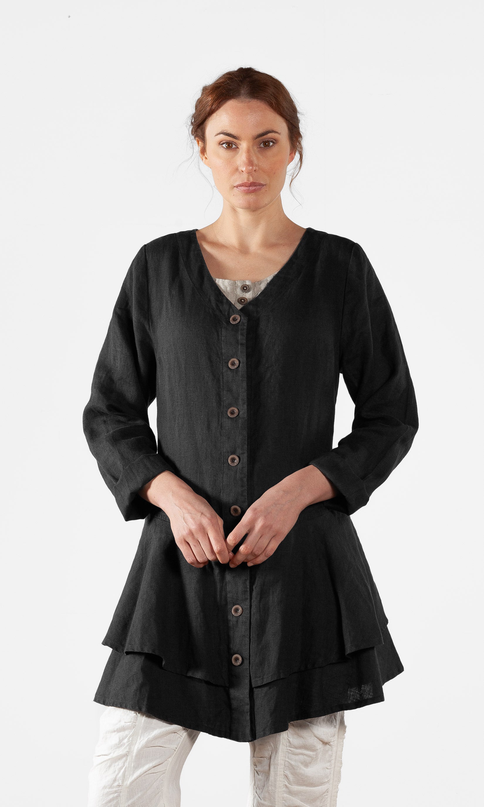 Leinenjacke mit Rüsche und V-Ausschnitt