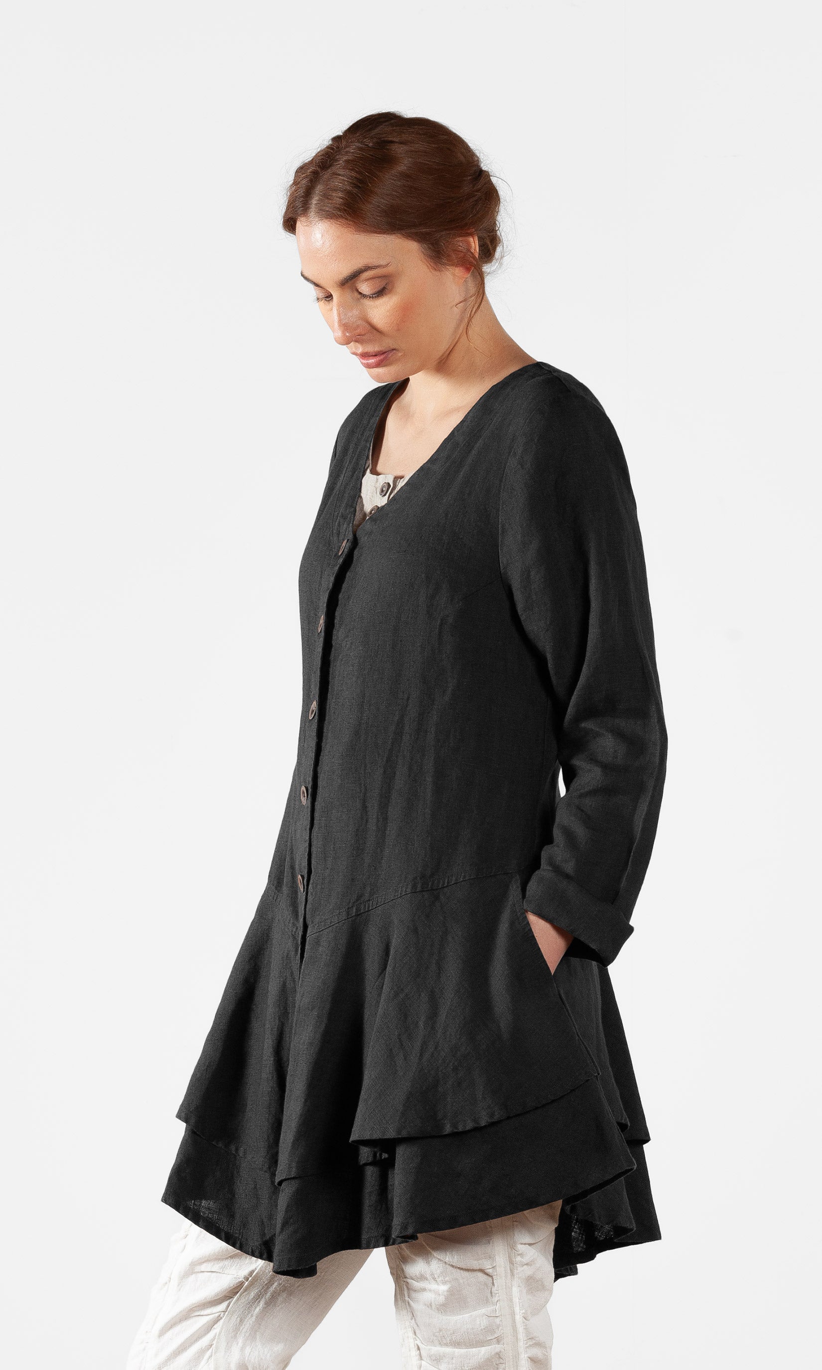 Leinenjacke mit Rüsche und V-Ausschnitt