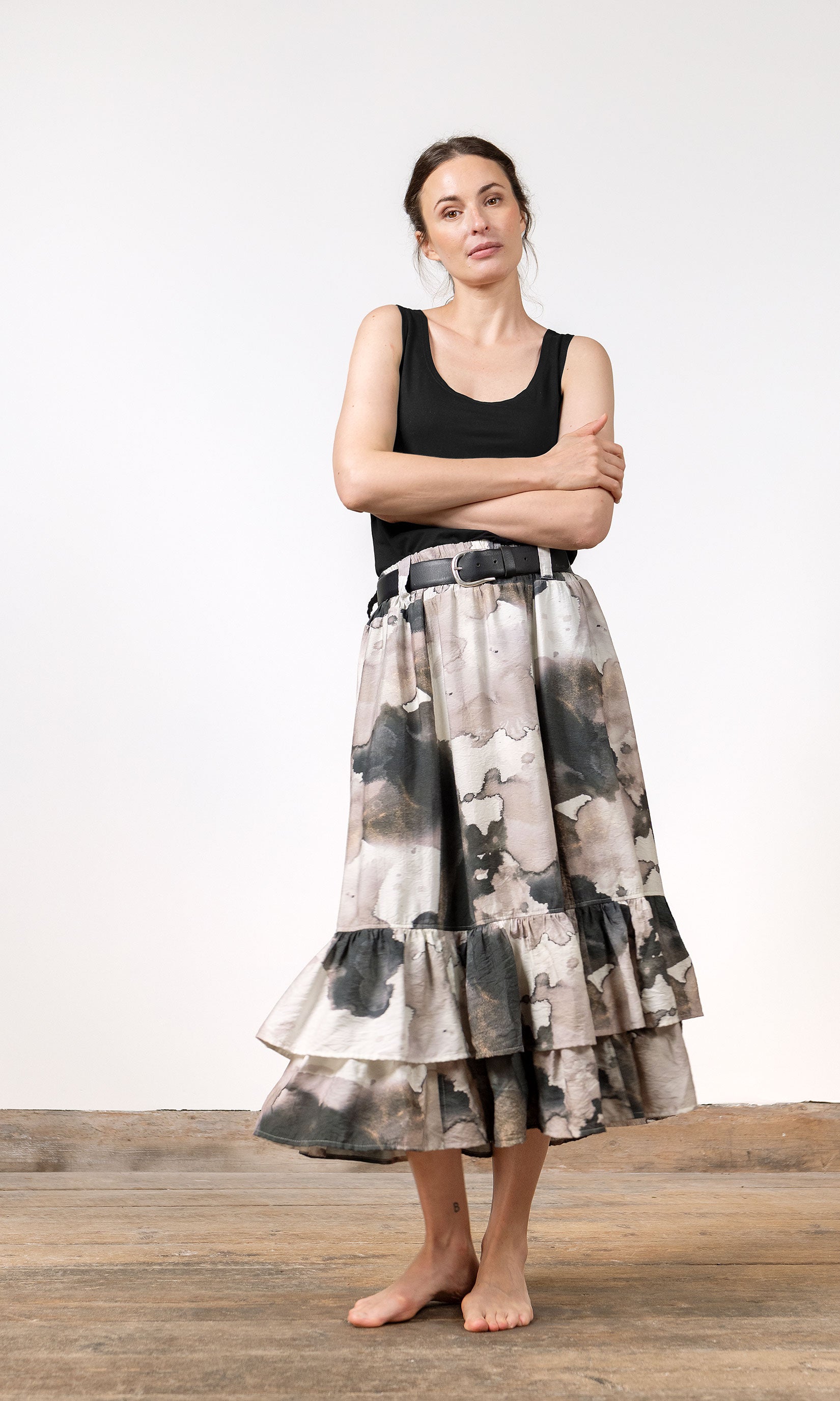 Long ruffled skirt in patterned viscose blend