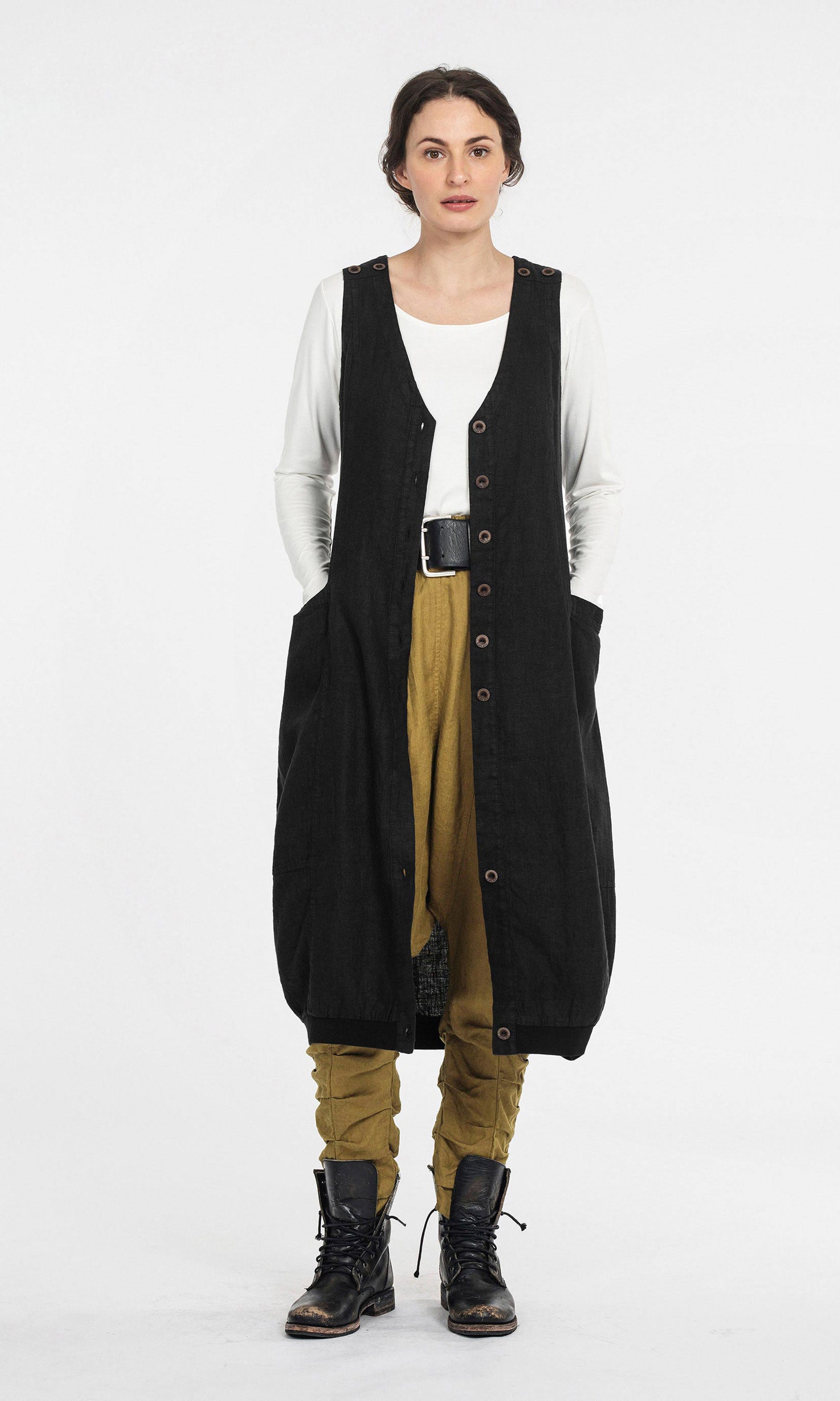 Linen long vest with balloon skirt