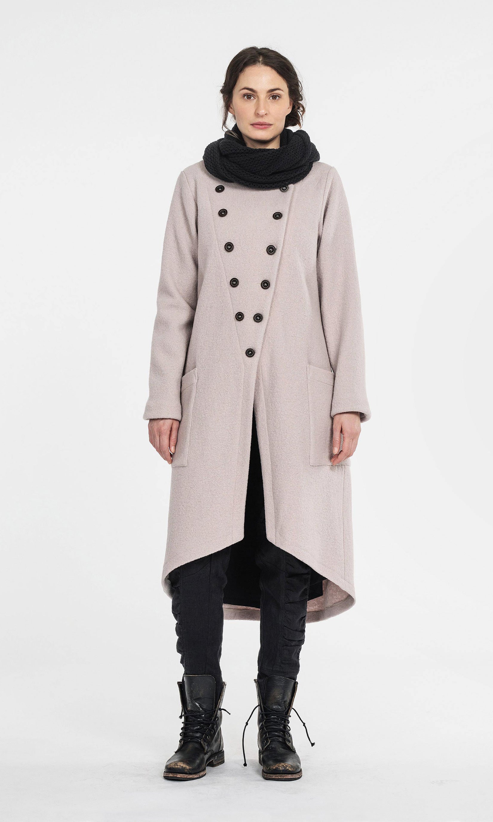 Lined wool coat with decorative slanted front closure