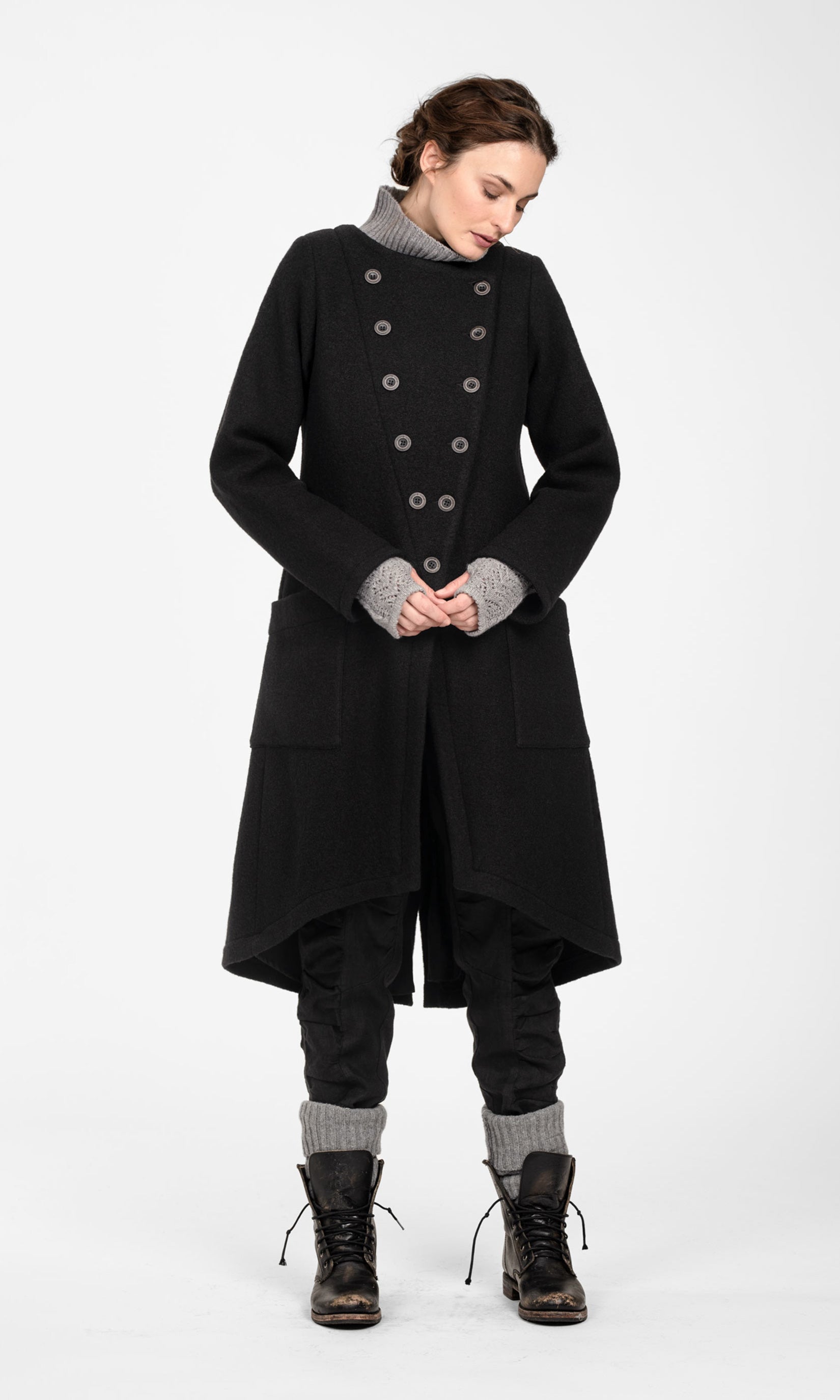 Lined wool coat with decorative slanted front closure
