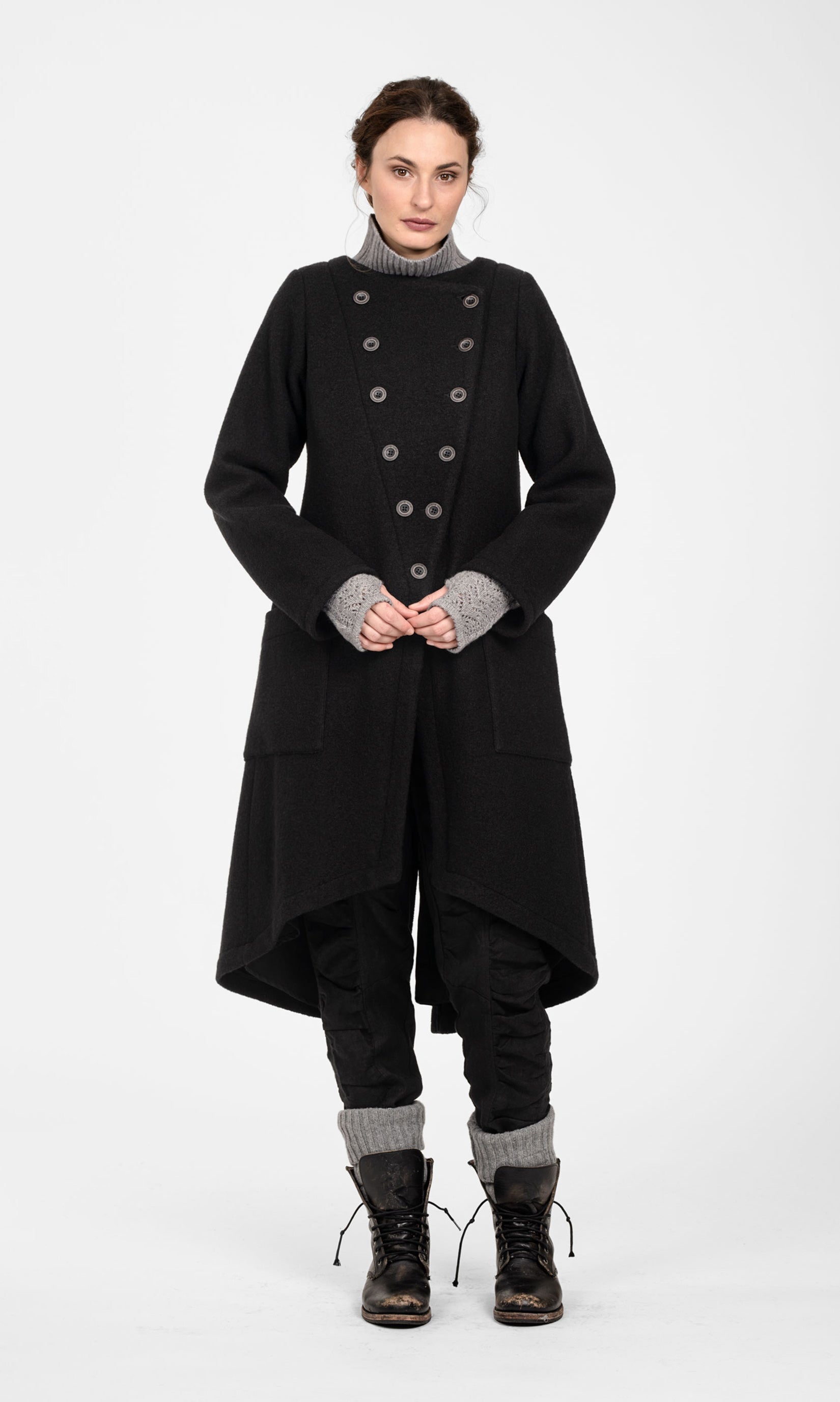 Lined wool coat with decorative slanted front closure