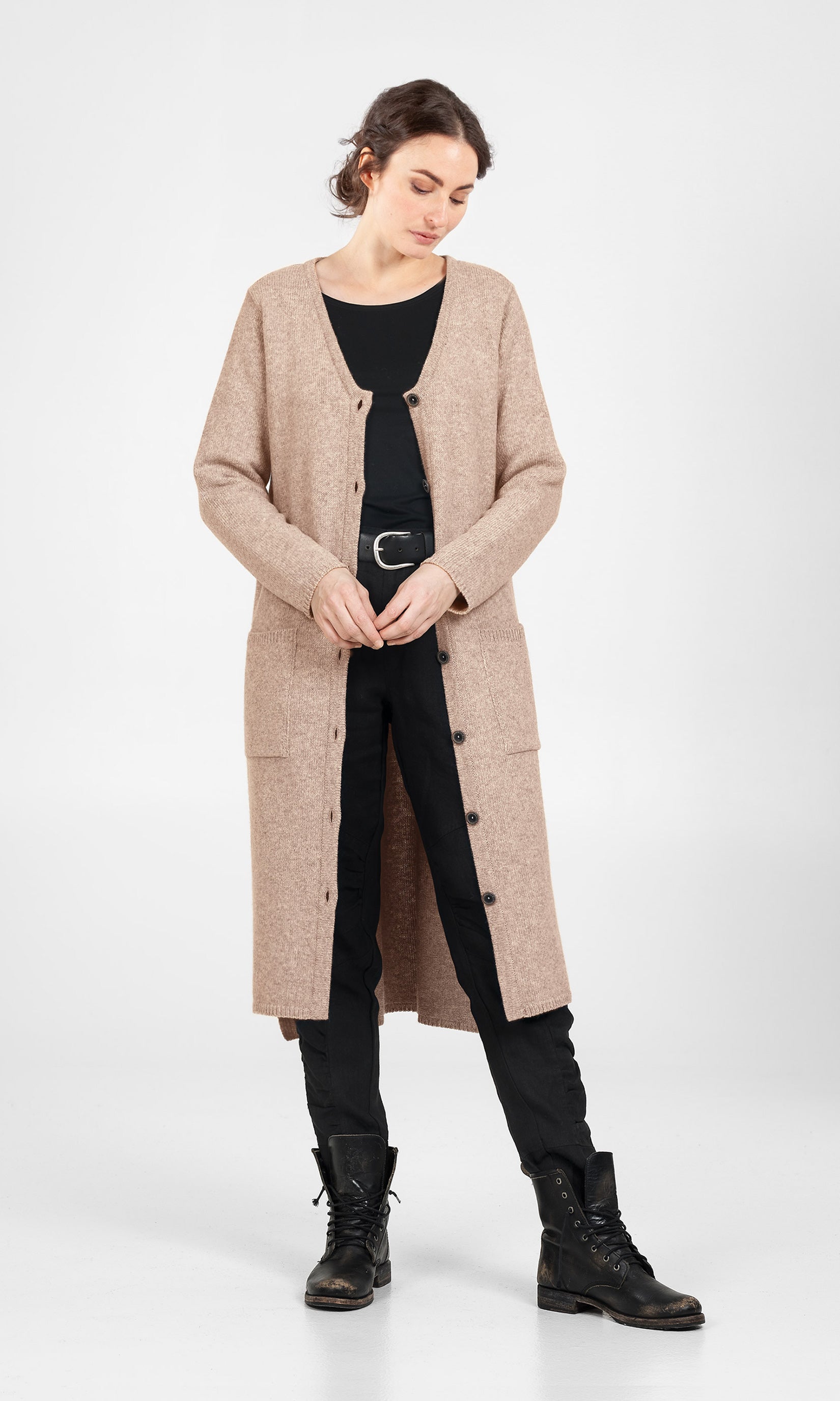 Lång cardigan i ull med hel knäppning