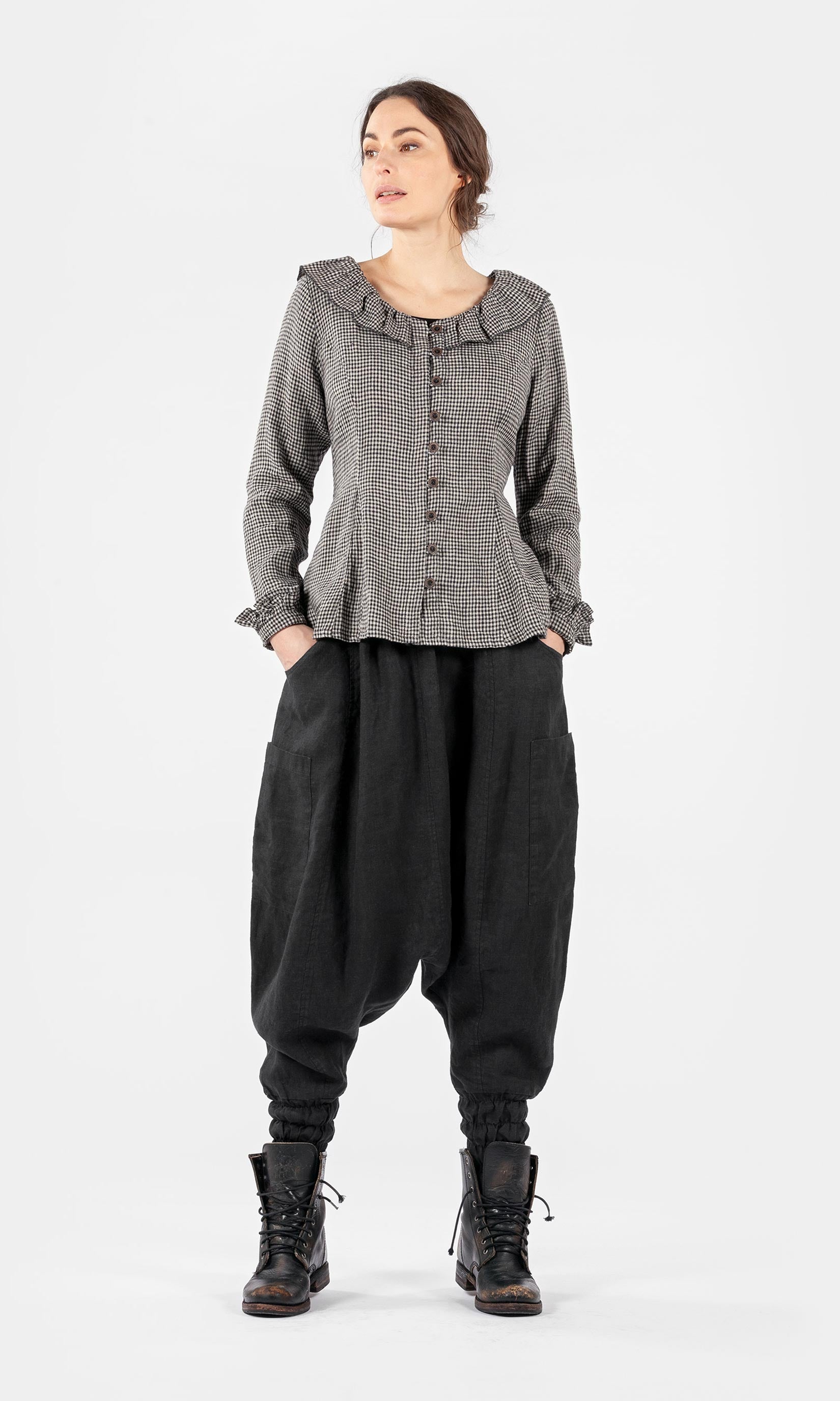 Full-button linen blouse with ruffle details