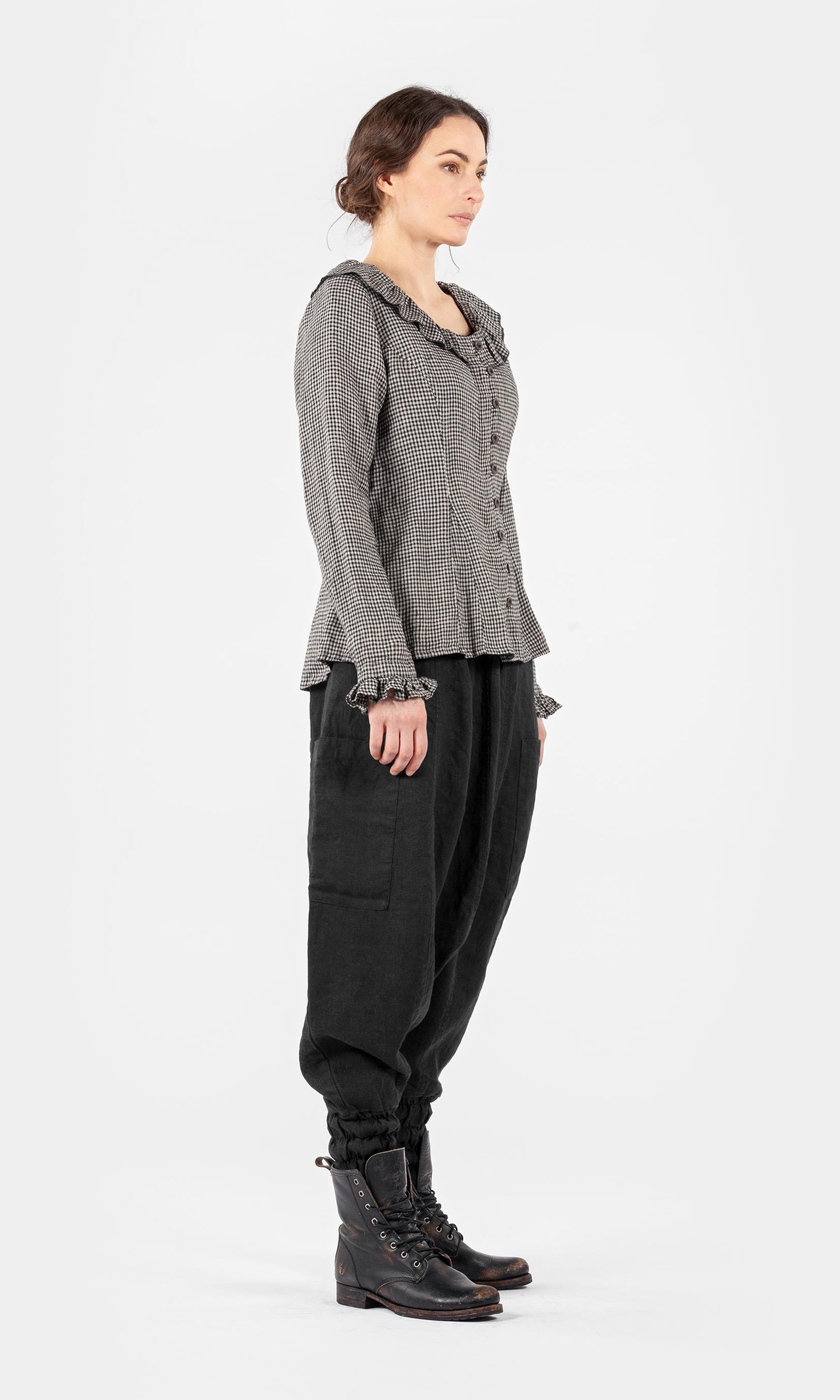 Full-button linen blouse with ruffle details