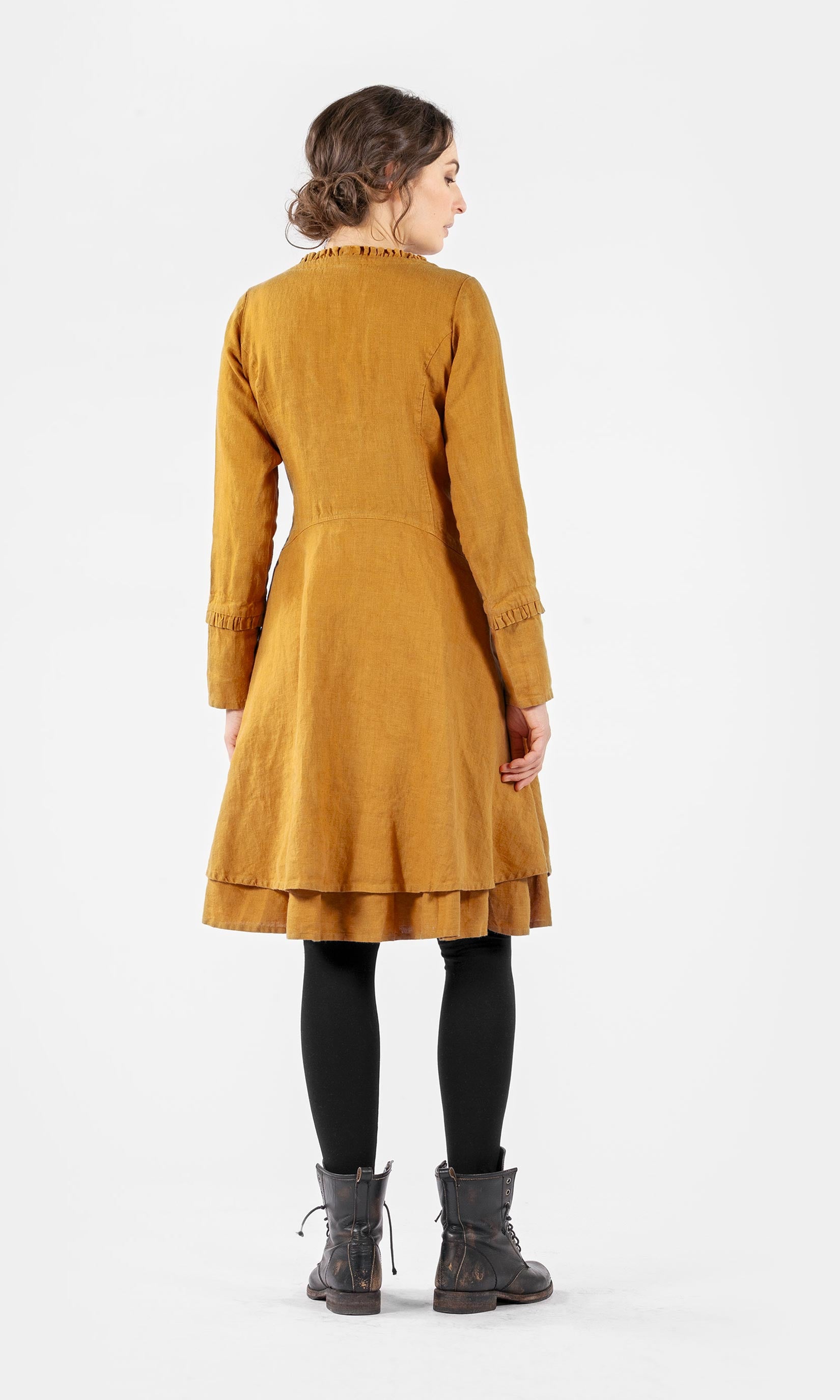 Knee-length linen dress with ruffle details