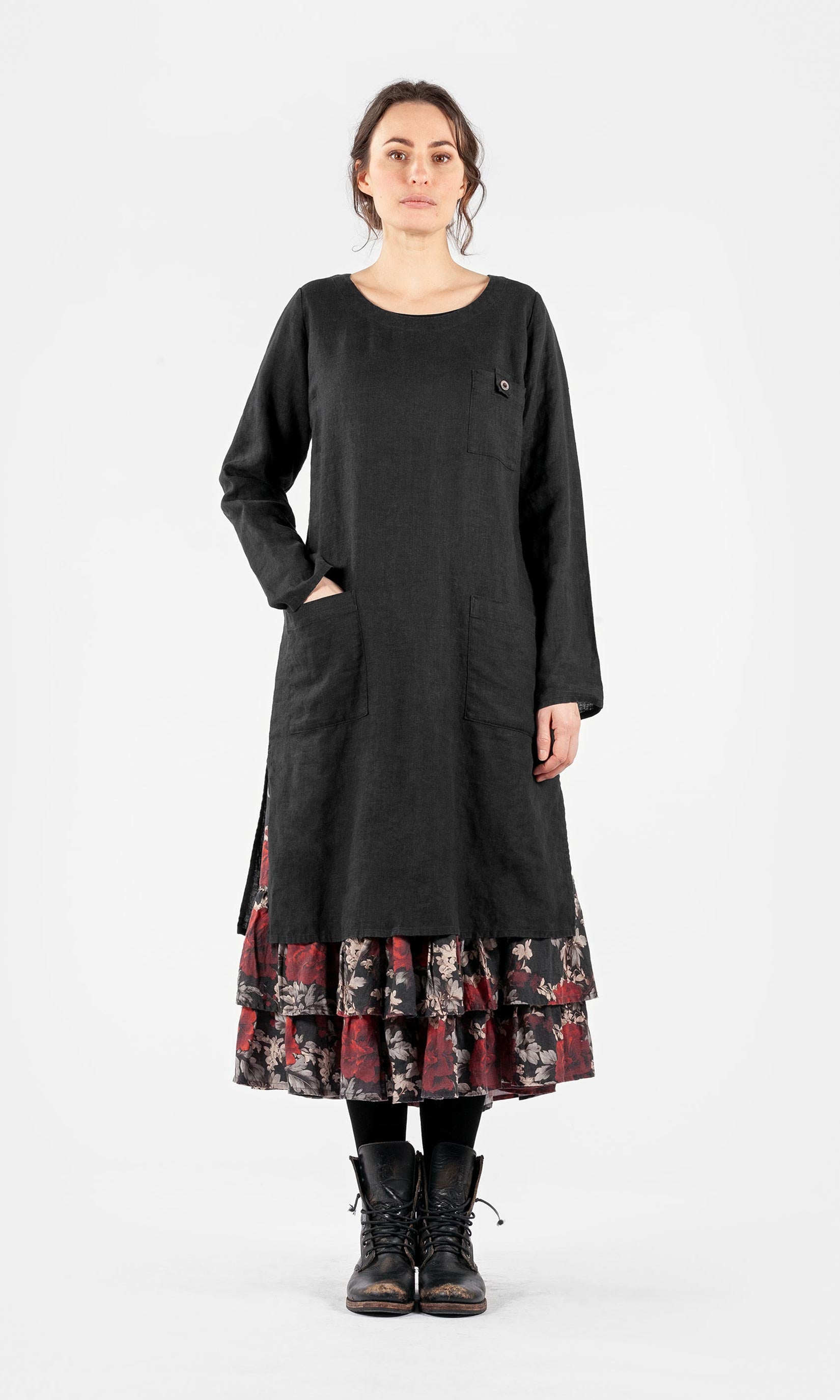 Gerades Leinenkleid mit Taschen