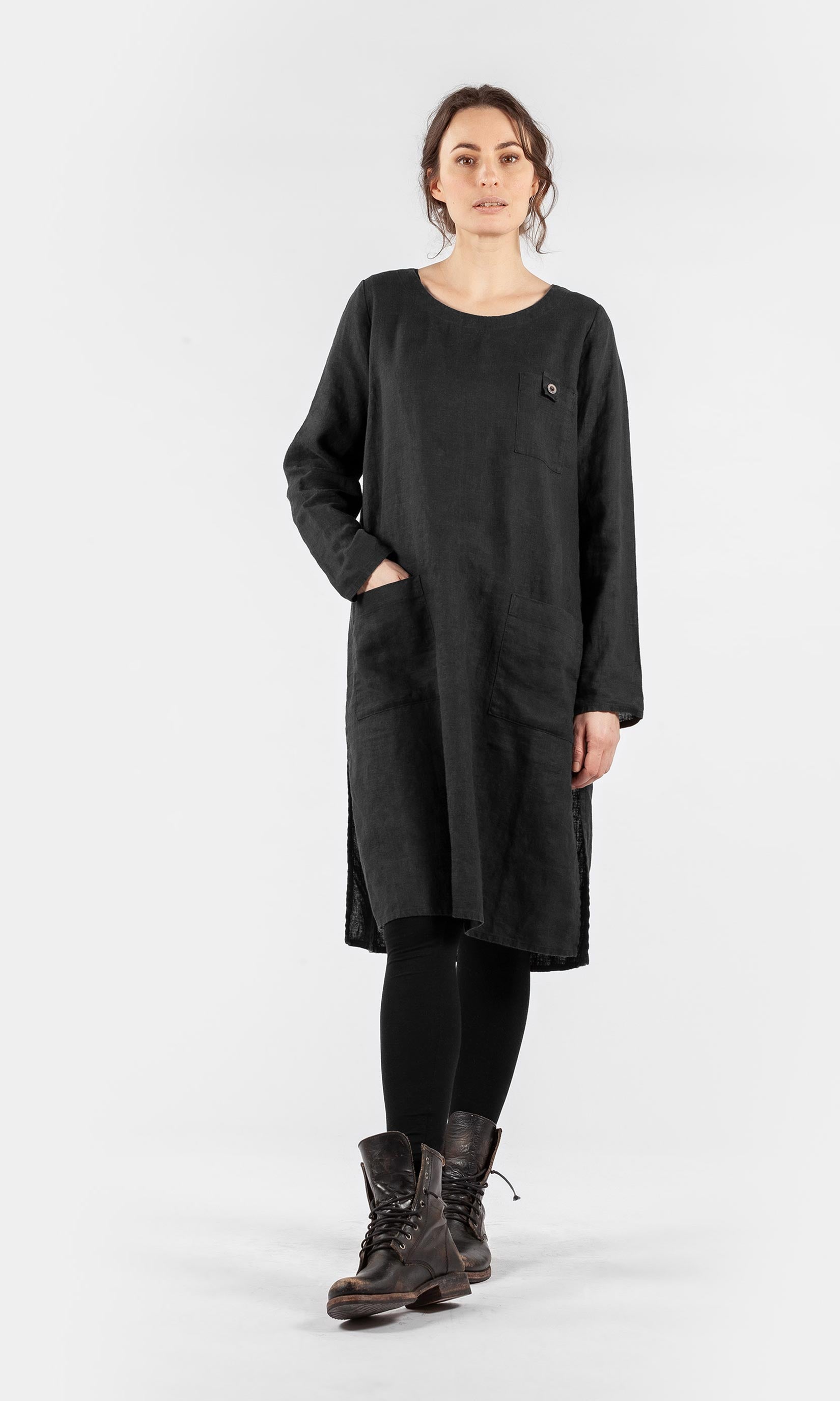 Gerades Leinenkleid mit Taschen