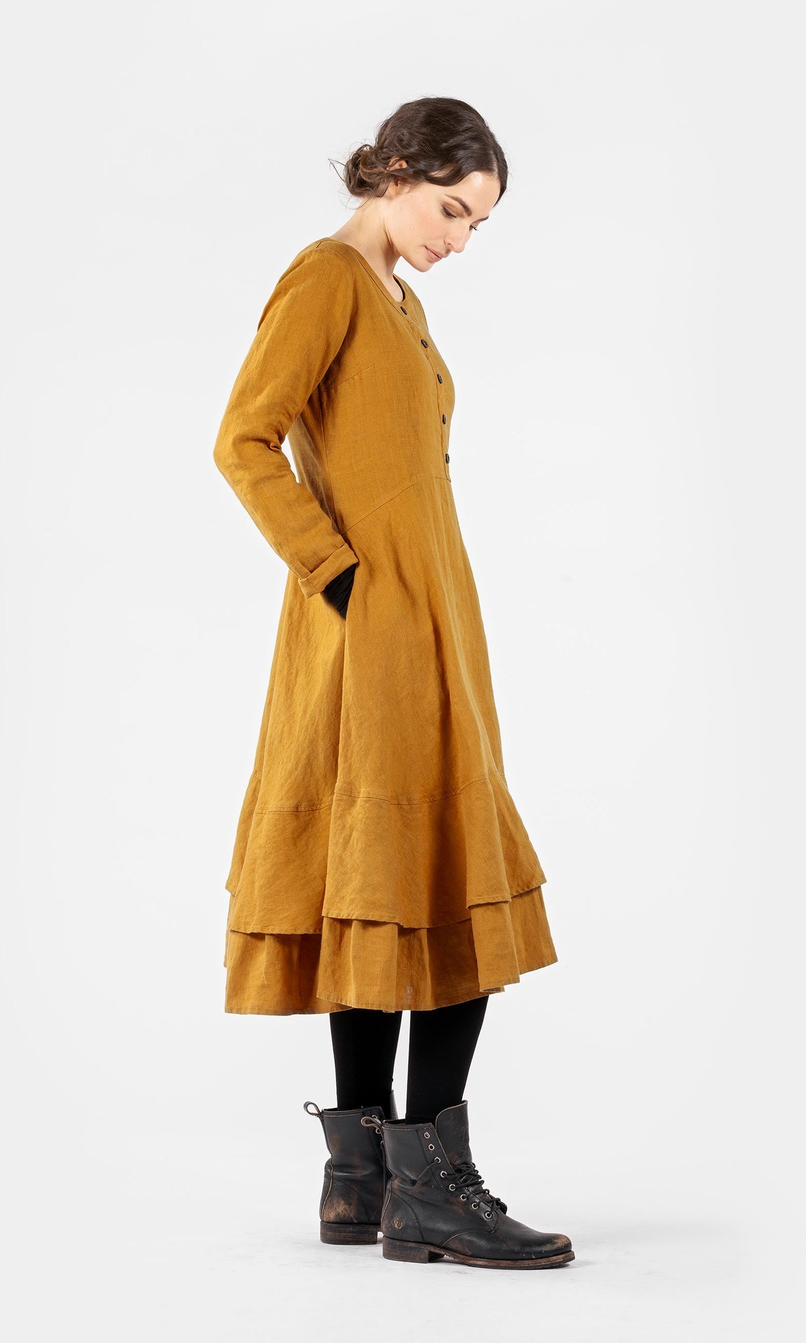 Long linen dress with double skirts