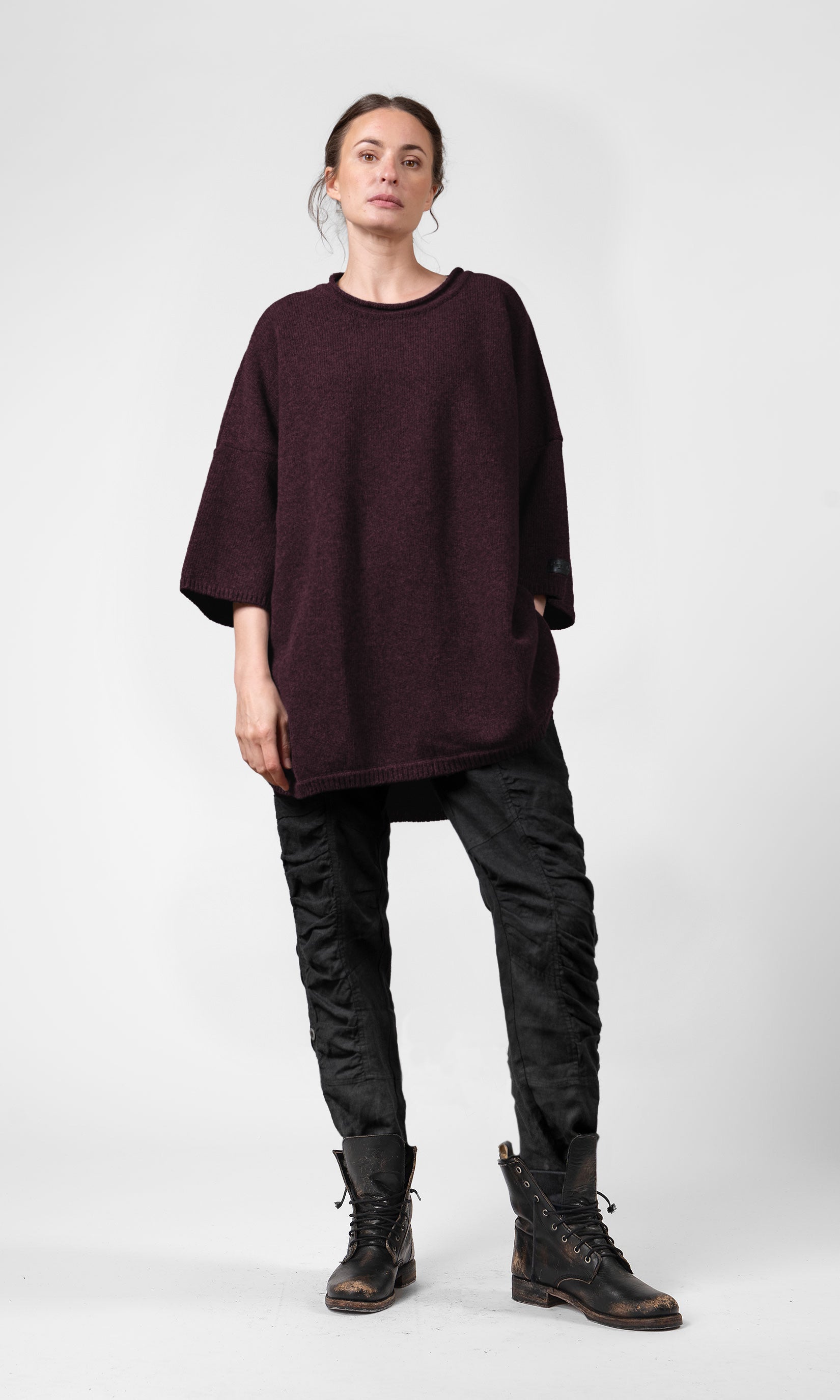 Oversized knitted wool sweater with three-quarter sleeves