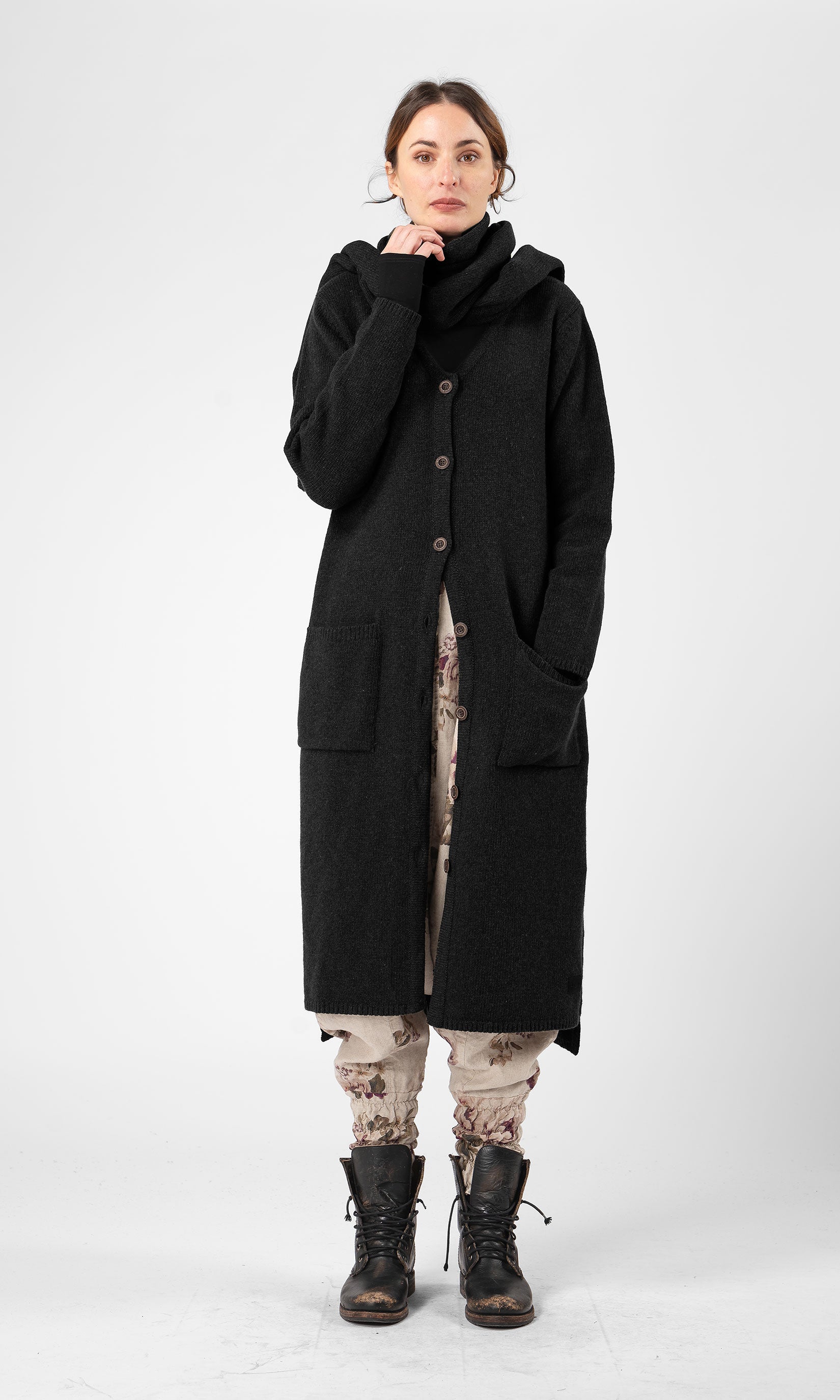 Lång cardigan i ull med hel knäppning