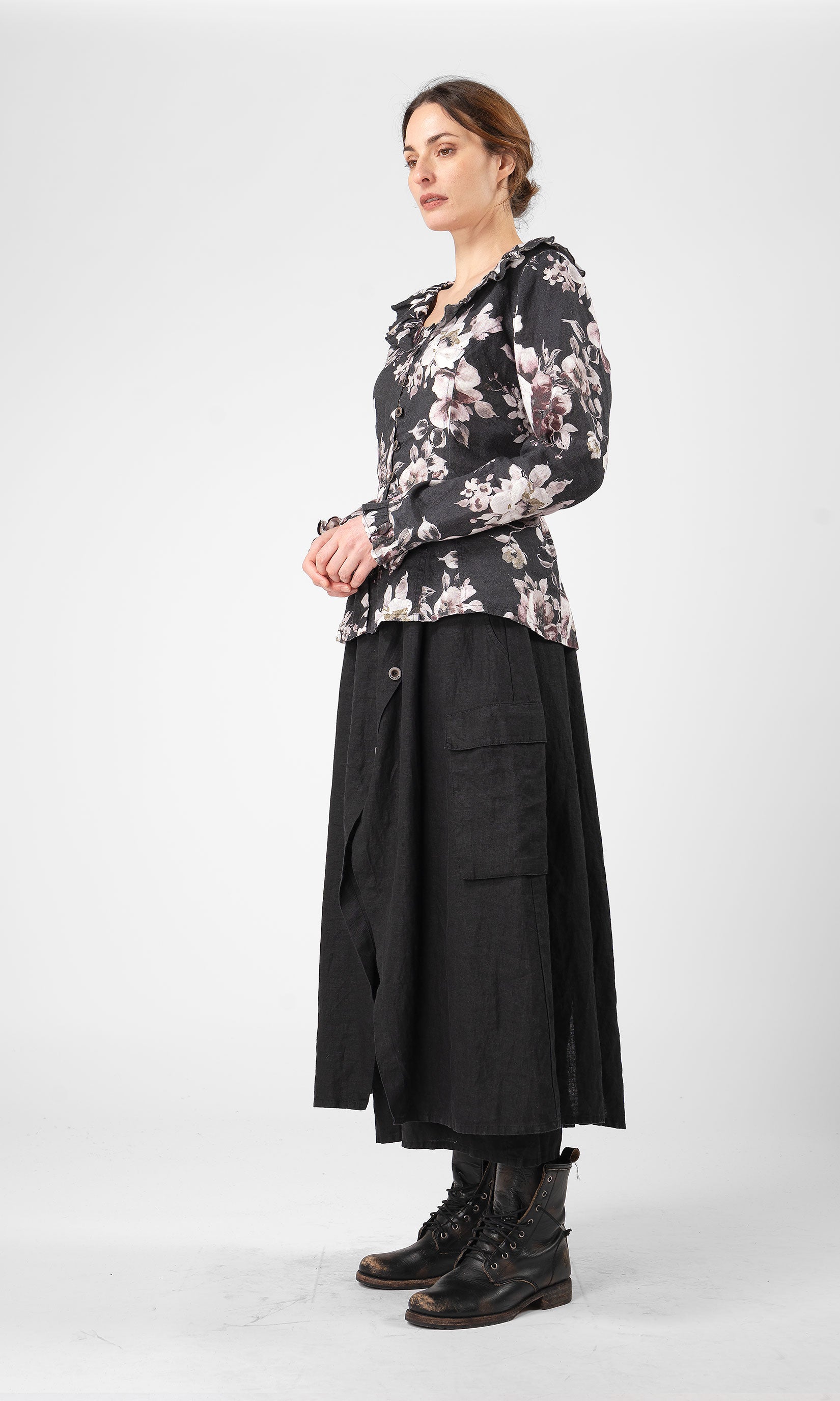 Full-button linen blouse with ruffle details