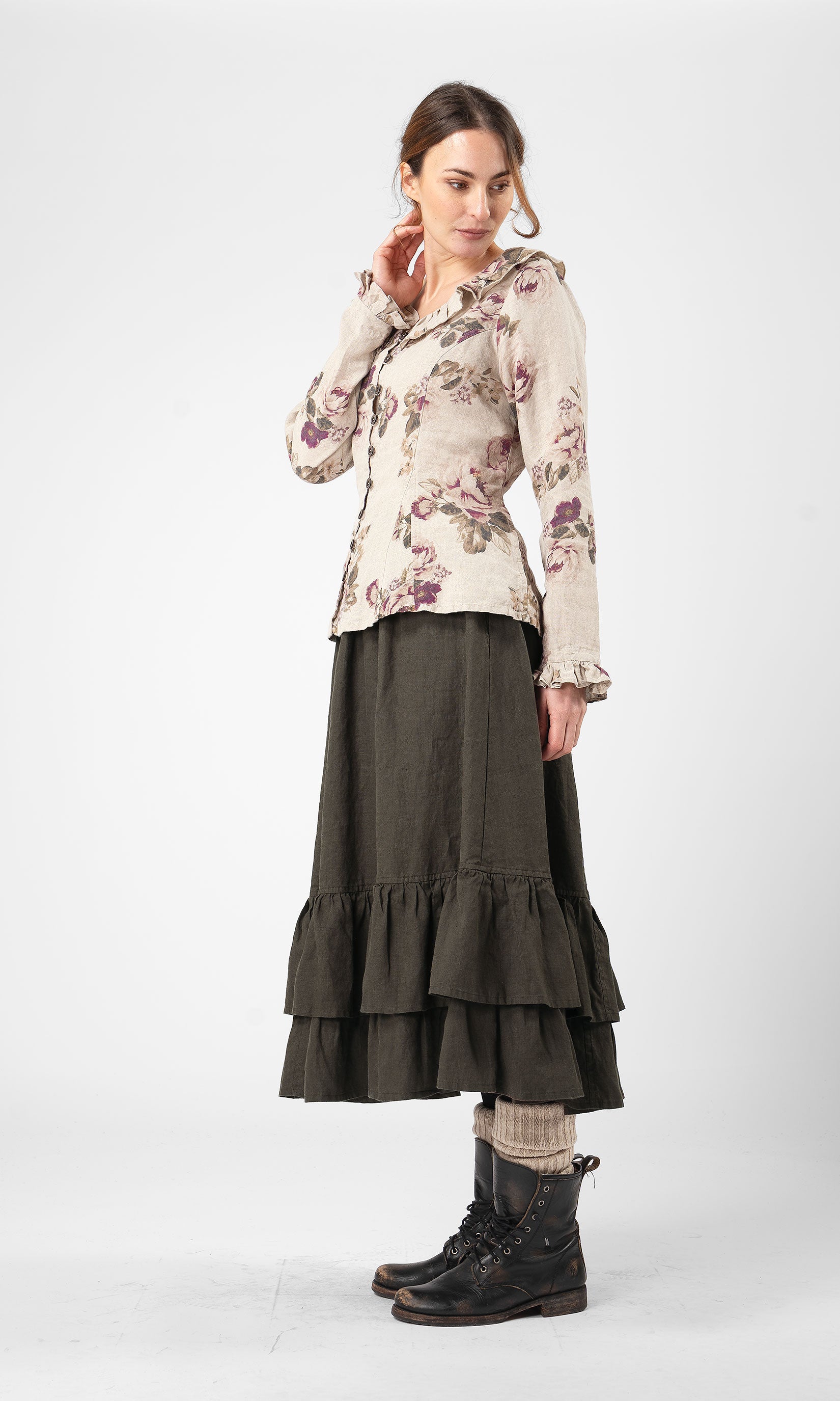 Full-button linen blouse with ruffle details