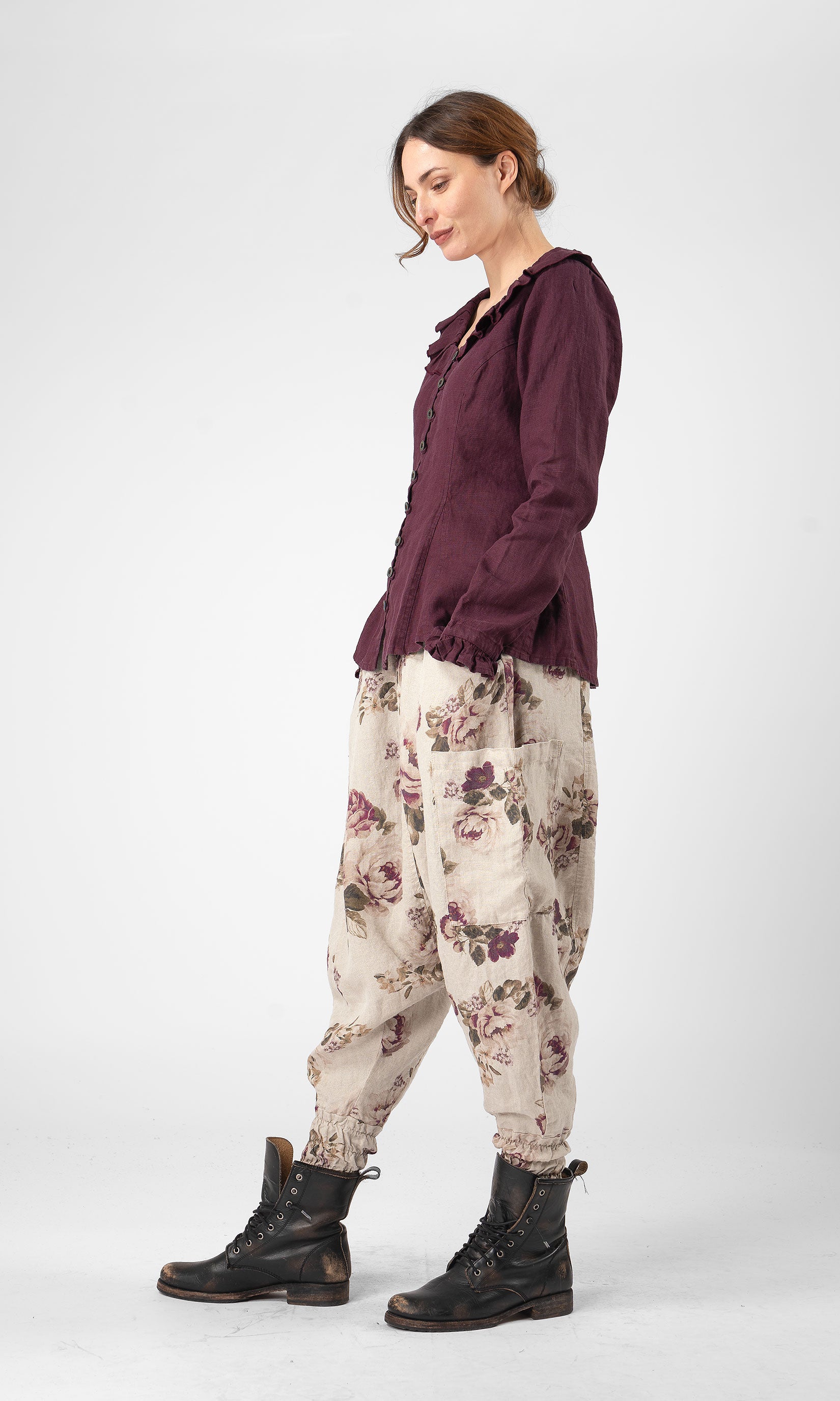 Full-button linen blouse with ruffle details