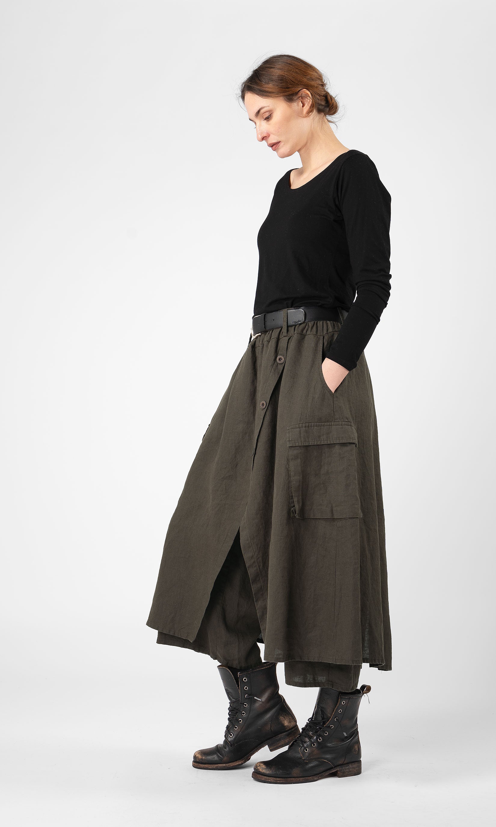 Layered linen wrap-around culotte with pockets