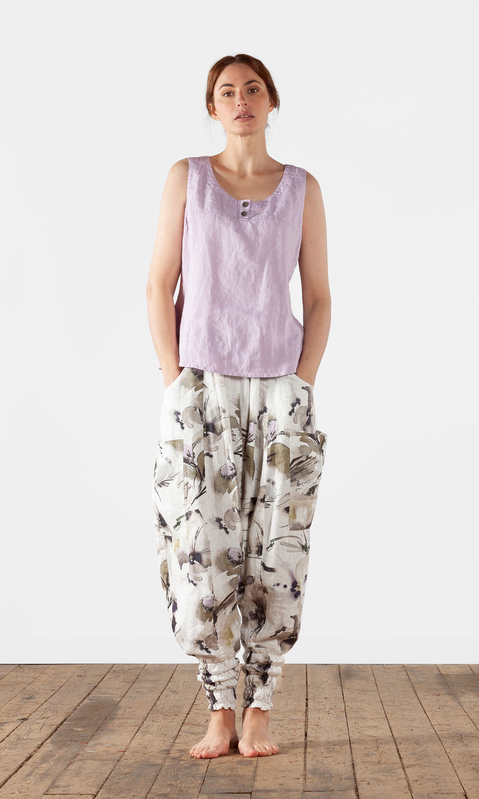 Straight tank top with buttons in linen