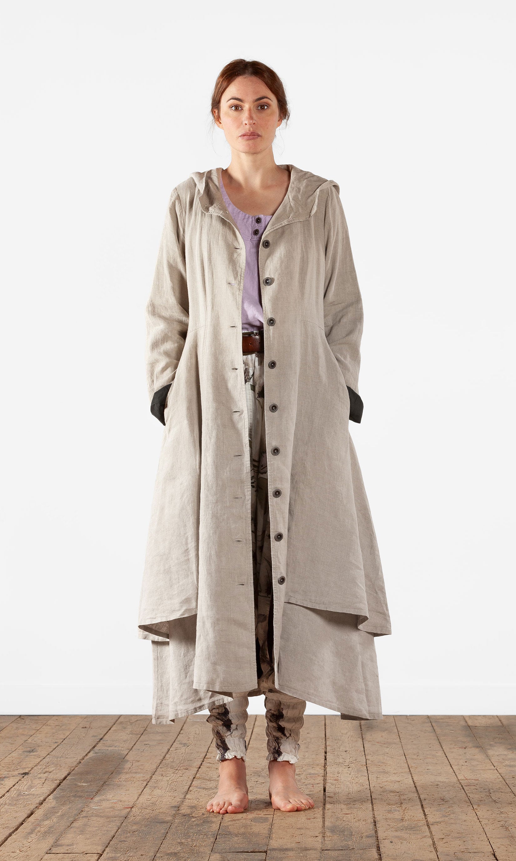 Long lined fitted linen coat with buttoning