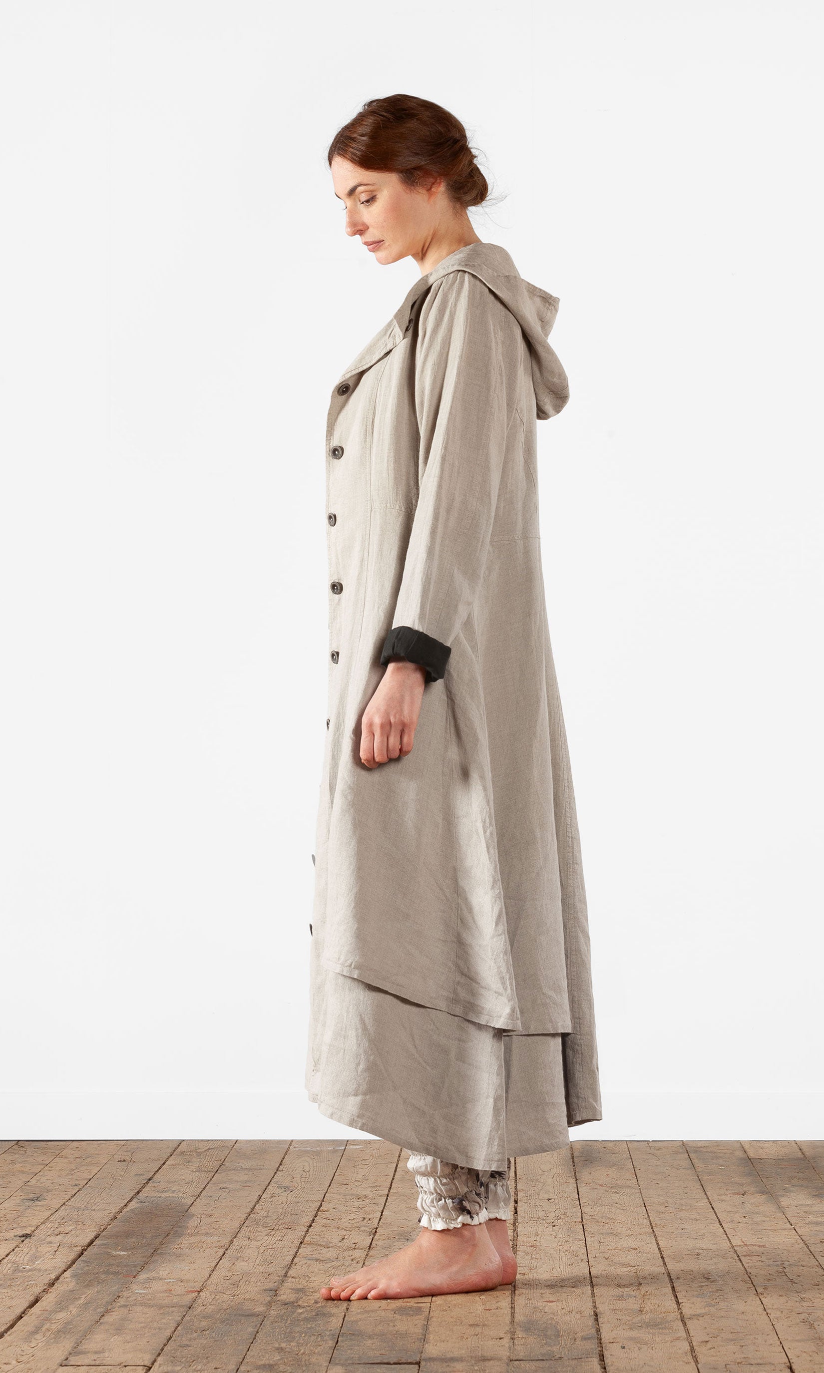 Long lined fitted linen coat with buttoning