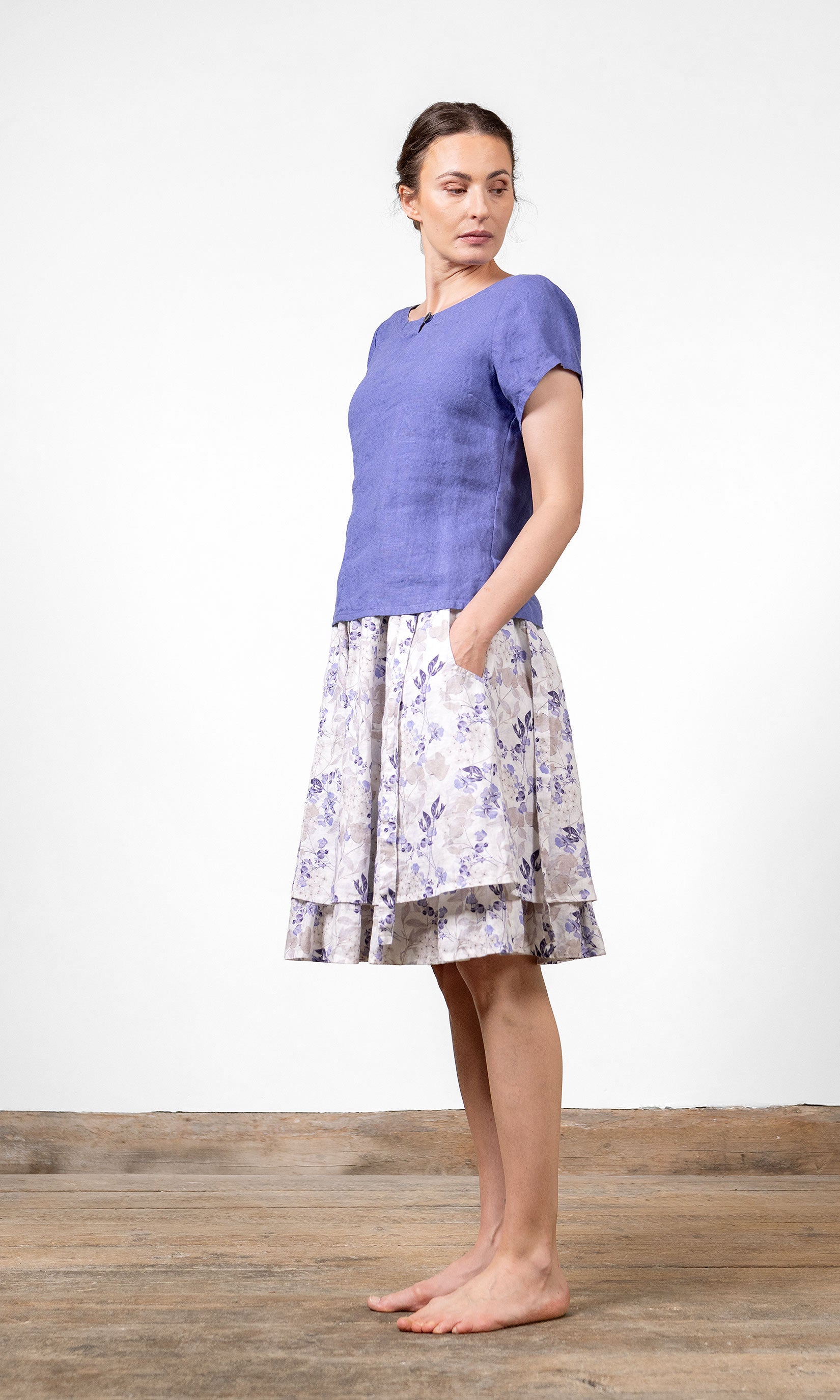 Kurzärmeliges Leinenoberteil mit lockerer Passform und rundem Halsausschnitt