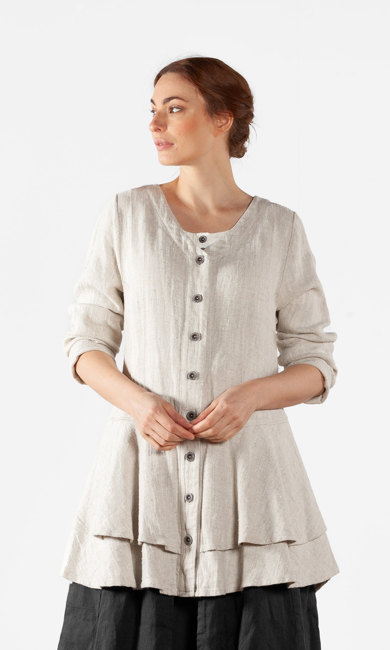 Leinenjacke mit Rüsche und V-Ausschnitt